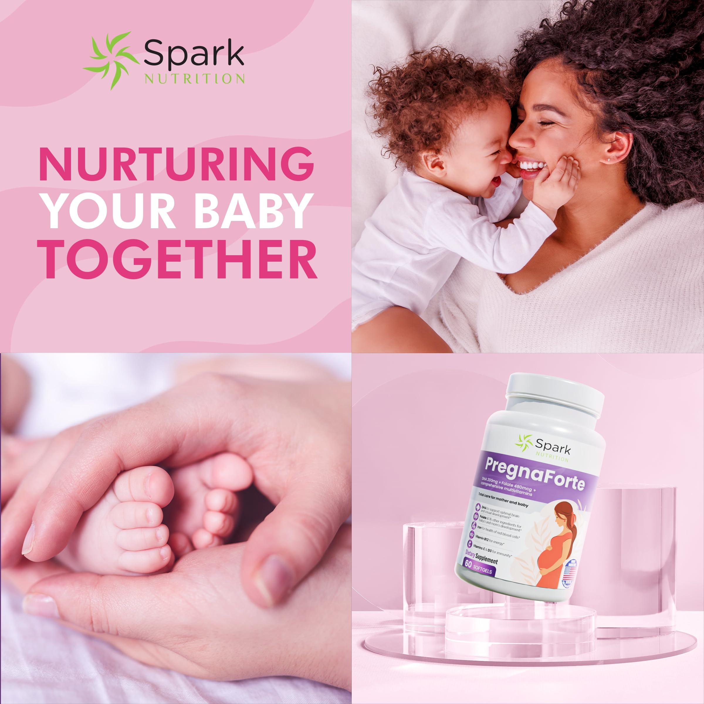 Spark Nutrition Pregnaforte 1 a day Prenatal vitamins for women 2 month: Folic acid, Fish Oil Omega 3 DHA/EPA, Vitamin D3, B6, Vitmain B12, C, E, Calcium, Iron, Magnesium, Zinc supplement FSA HSA eligble multivitamin