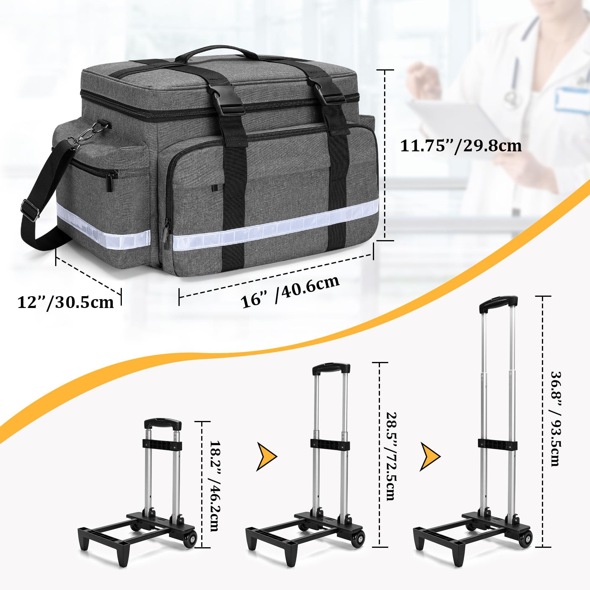 Damero Damero Rolling Medical Bag with Detachable Trolley, Medical Equipment Bag with Removable Pouches and Dividers, First Aid Responder Bag Empty for Home Health Nurses, Doctors, EMT, EMS, Gray