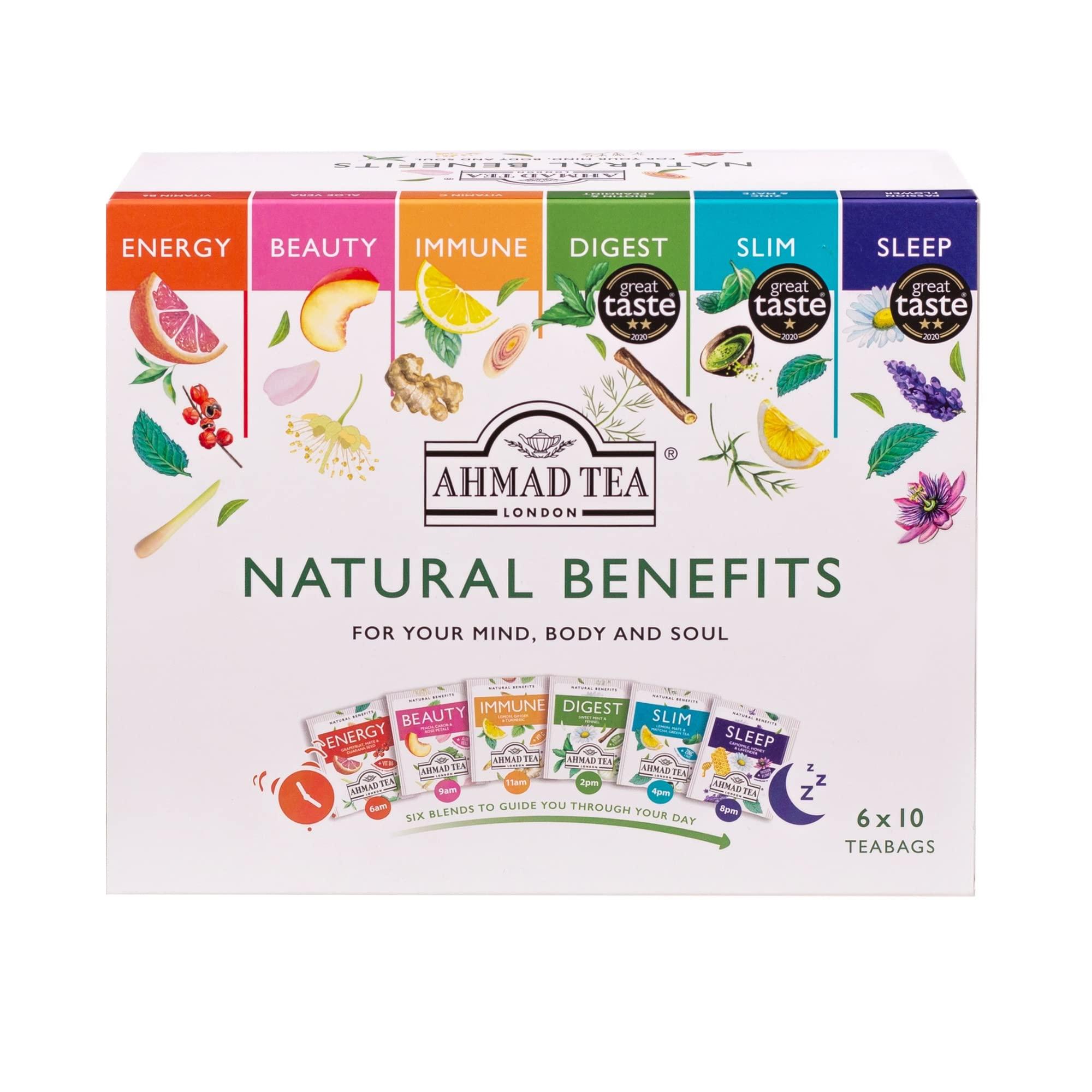Ahmad Tea Ahmad Tea Natural Benefit Functional Tea Selection Pack | Green teas, Fruit & Herbal Infusions | Perfect herbal tea gift - 60 Teabag Sachets | 6 blends