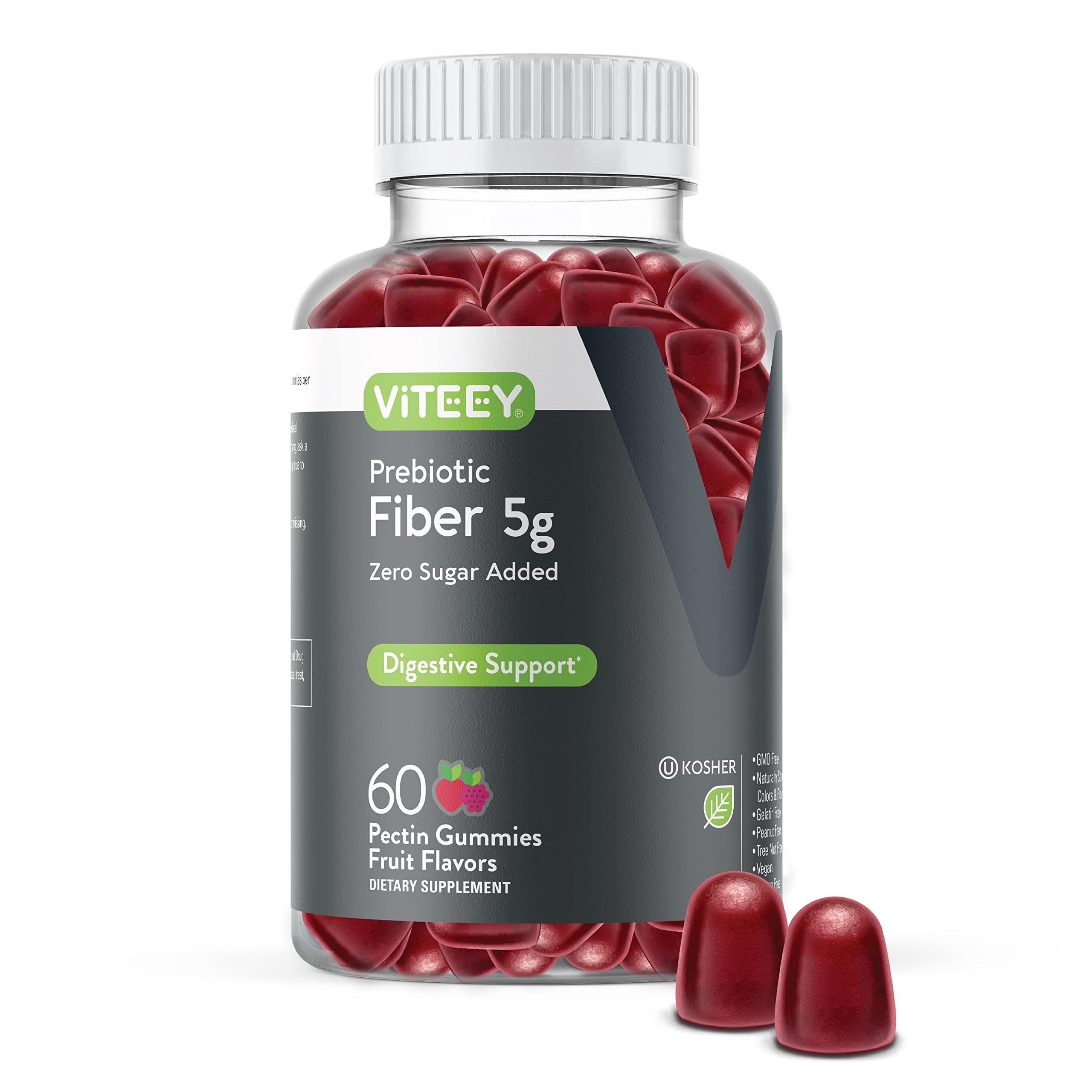 Viteey Prebiotic Fiber Gummies for Adults, 5g - Zero Sugar Added - Fiber Supplement Gummies for Digestive Health Regularity & Natural Weight Support - Vegan, Gelatin Free - Chewable Fruit Flavored Gummy