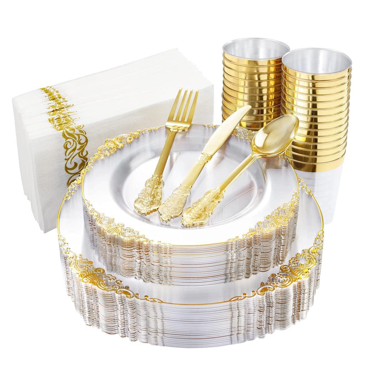 Nervure Nervure 175PCS White and Gold Plastic Plates 175PCS Clear Gold Plastic Plates