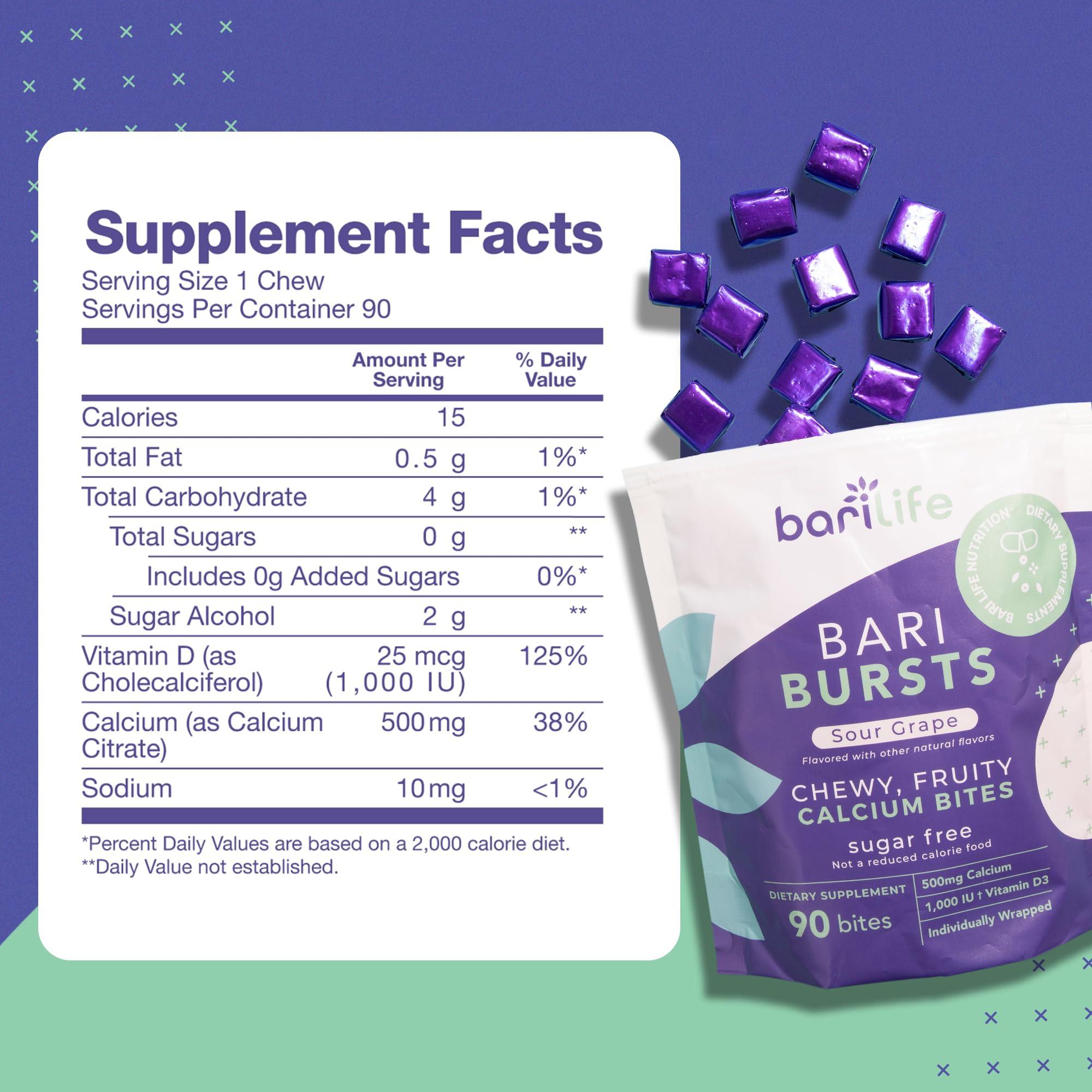 Bari Life Calcium Citrate Bariatric Calcium Chews with 1000 IU Vitamin D3 - Ideal for Bariatric Patients - BariBurst by Bari Life (Sour Grape)