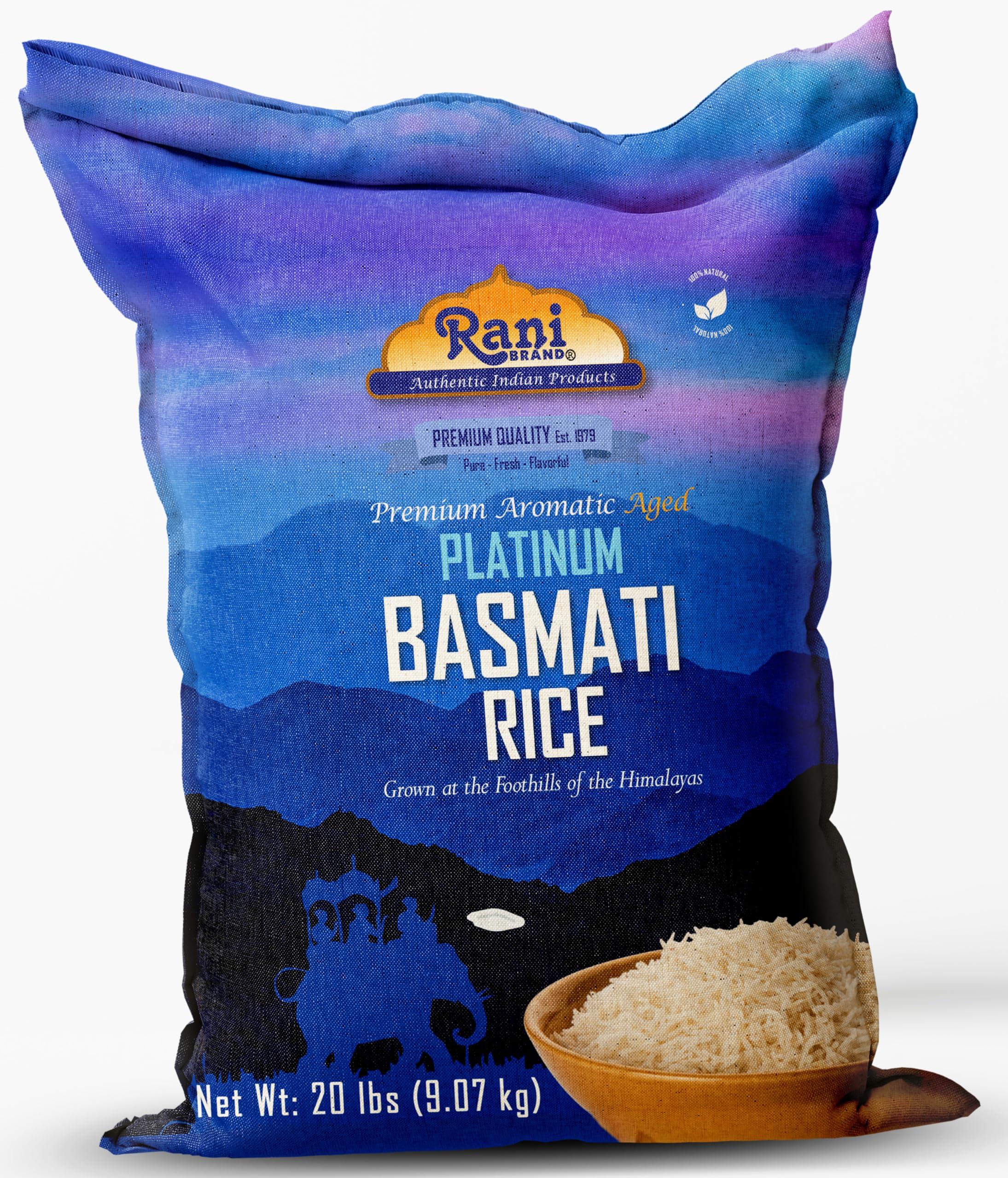 Rani Brand Authentic Indian Products Rani Platinum White Basmati Rice Extra Long Aged 20-Pound Bag, 320oz (20lbs) 9.08kg ~ All Natural | Gluten Friendly | Vegan | Indian Origin | Kosher | Export Quality