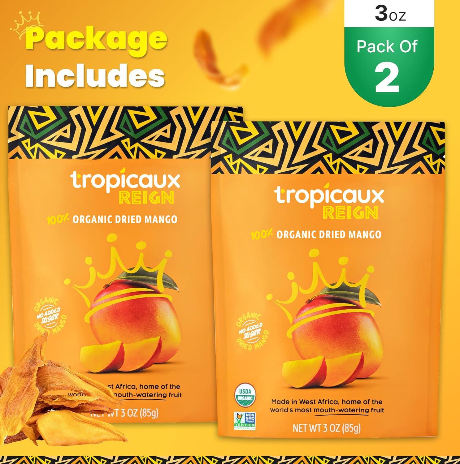 Tropicaux Reign Organic Dried Mango No Sugar Added, 3oz, Pack of 2 (6oz Total) - Delicious and Nutritious Non-GMO Dried Mangoes - No Preservatives or Chemicals - Perfect Snack for Kids & Adults by Tropicaux Reign