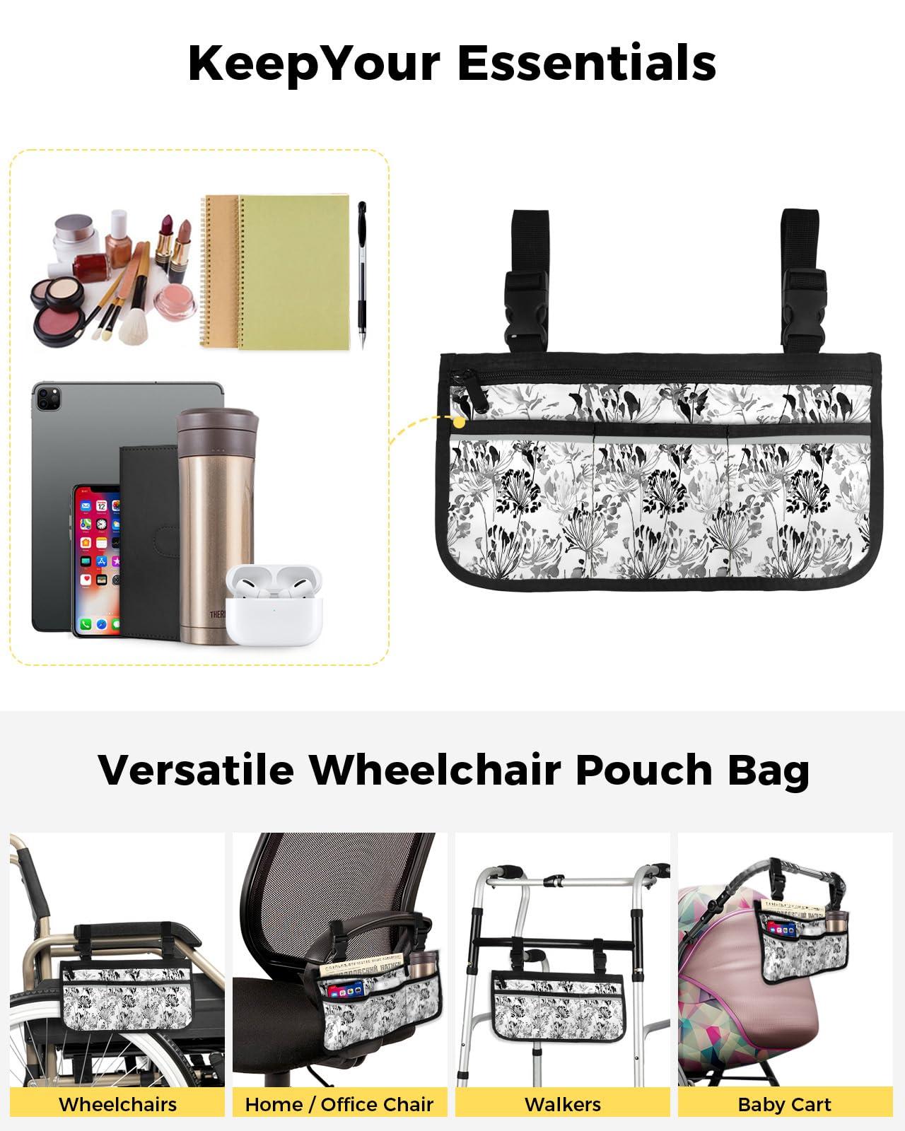 Sabolny Black Grey Flower,Wheelchair Side Bag, Wheelchair Walker Armrest Bags with Cup Holder & Reflective Stripes, Mobility Scooter Walker Rollator Wheelchair Accessories Watercolor Classic Dandelion Floral