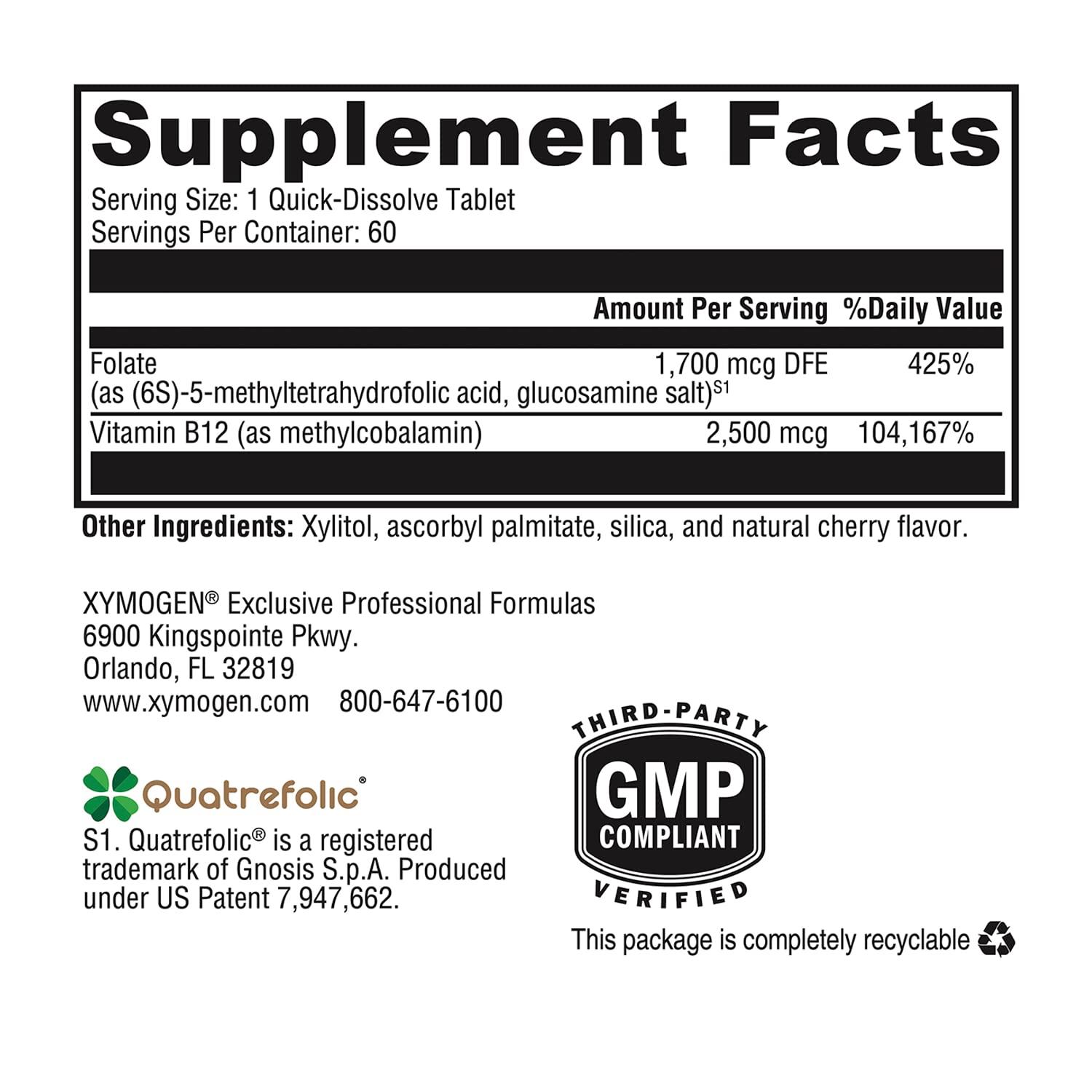 XYMOGEN XYMOGEN 5-MTHF Plus B12 - Biologically Active Folate + Methyl B12 (Methylcobalamin) to Support Methylation and Nervous System Health - Great-Tasting Cherry Flavor (60 Quick-Dissolve Tablets)