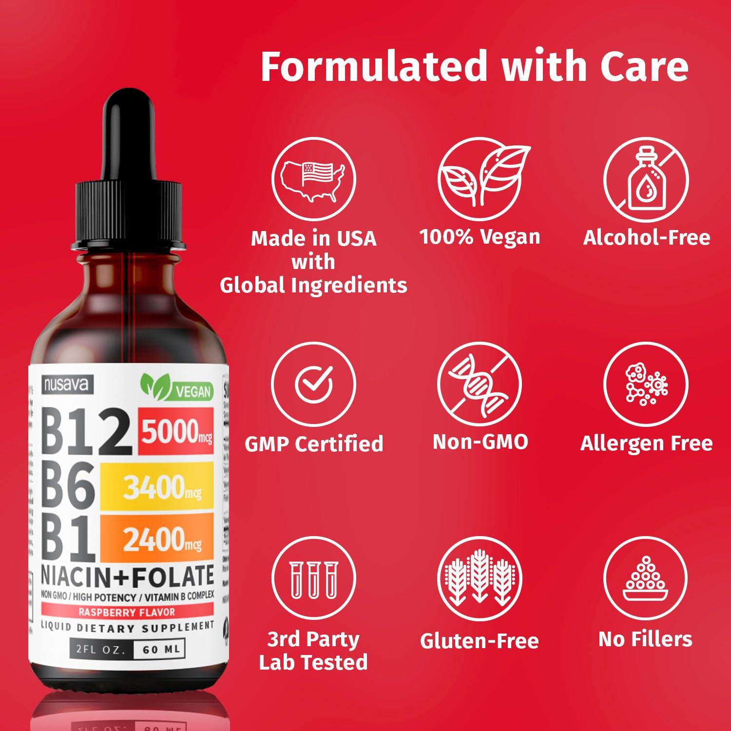 NUSAVA NUSAVA (2 Pack) Vitamin B12 and B6 Liquid Drops, Sublingual Vitamin B Complex B12 Methylcobalamin for Energy, Brain, Heart Support with 27,200 mcg, 80 Servings