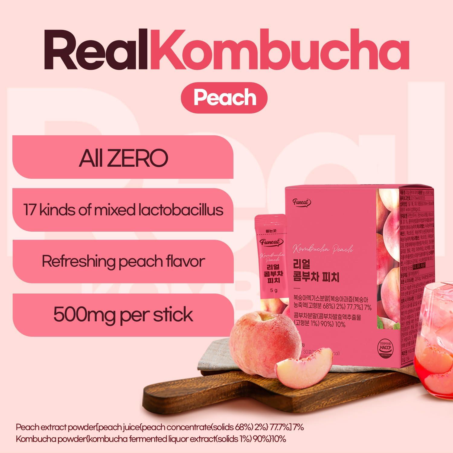 Funeat Funeat Real Kombucha Peach Flavor, Zero Sugar, Sparkling Fermented Powered Mix Beverage from Korea, 30 Sticks, 5 Ounce