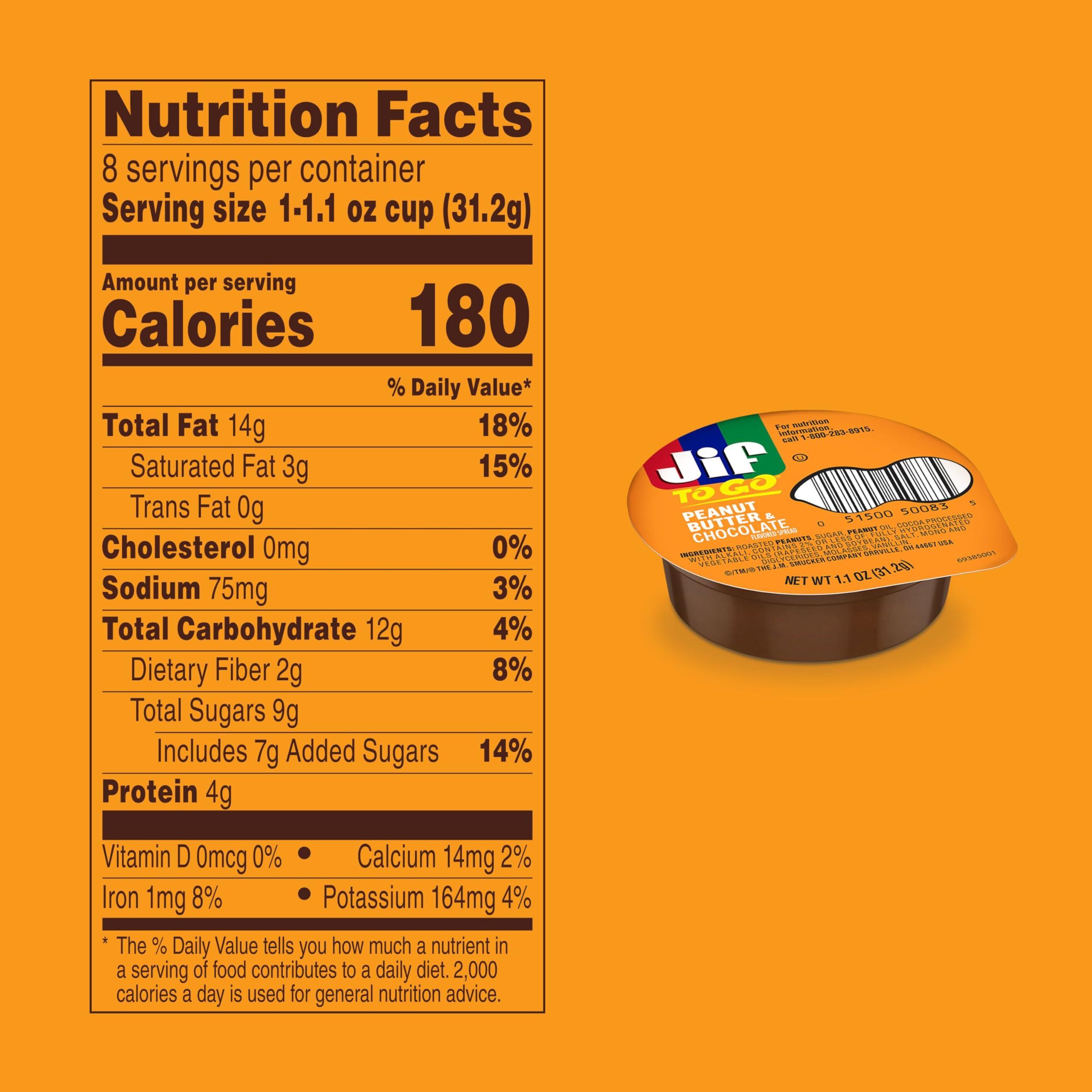 Jif Jif Peanut Butter & Chocolate To Go, 8 Count Cups (Pack of 6), Less Sugar, Thick & Creamy Texture