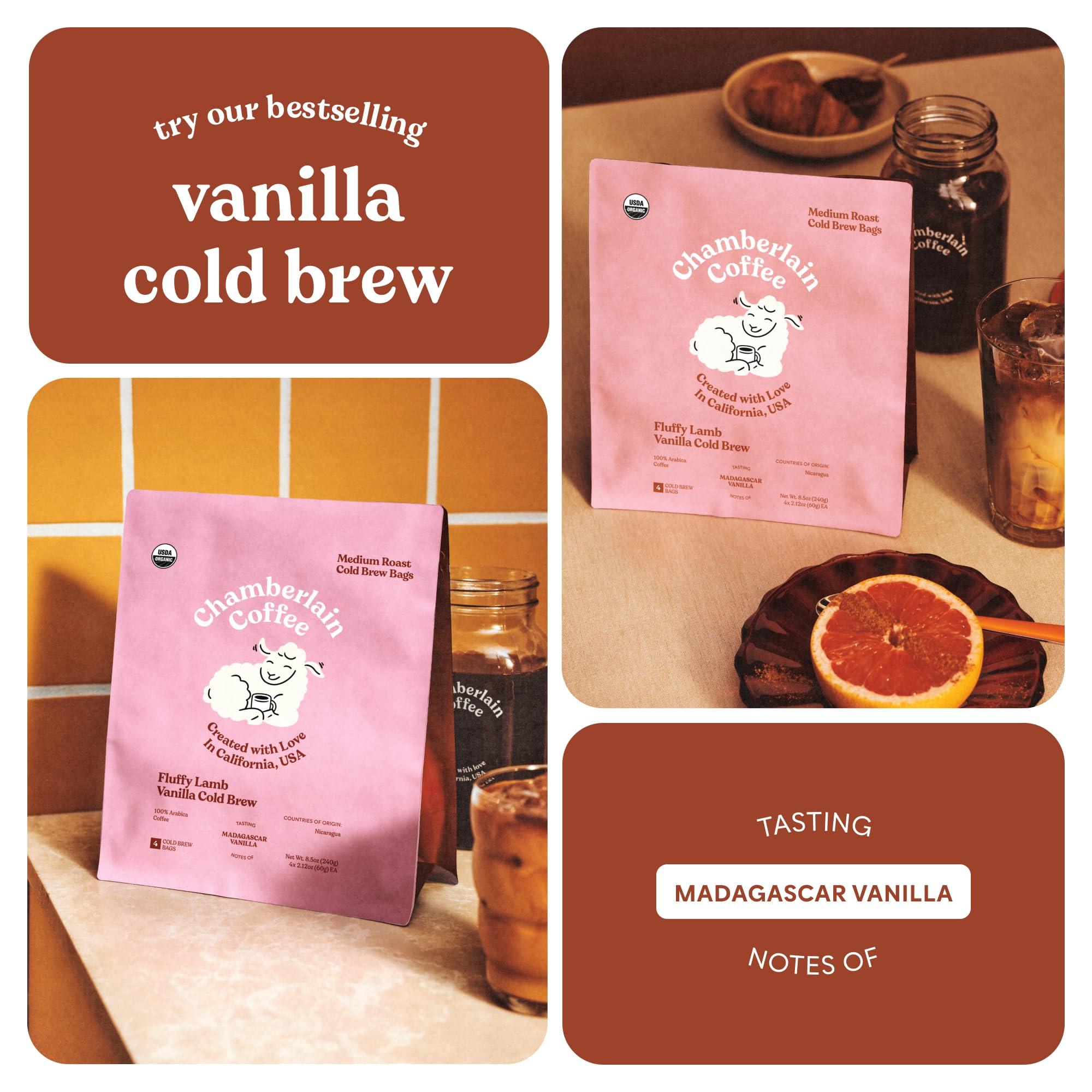 Chamberlain Coffee Chamberlain Coffee Fluffy Lamb Vanilla Cold Brew Bags - XL Cold Brew Bags - Premeasured, Ready to Brew, Cold Brew Coffee Packs - Contains 4 XL Cold Brew Bags, Makes 4 Cups of Coffee Per Bag