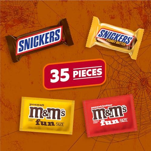 Mars M&M\'S Peanut, M&M\'S Peanut Butter, SNICKERS Crunchy Peanut Butter & SNICKERS Original Fun Size Trick or Treat Individually Wrapped Milk Chocolate Halloween Candy Variety Assortment, 35 Ct Bulk Bag