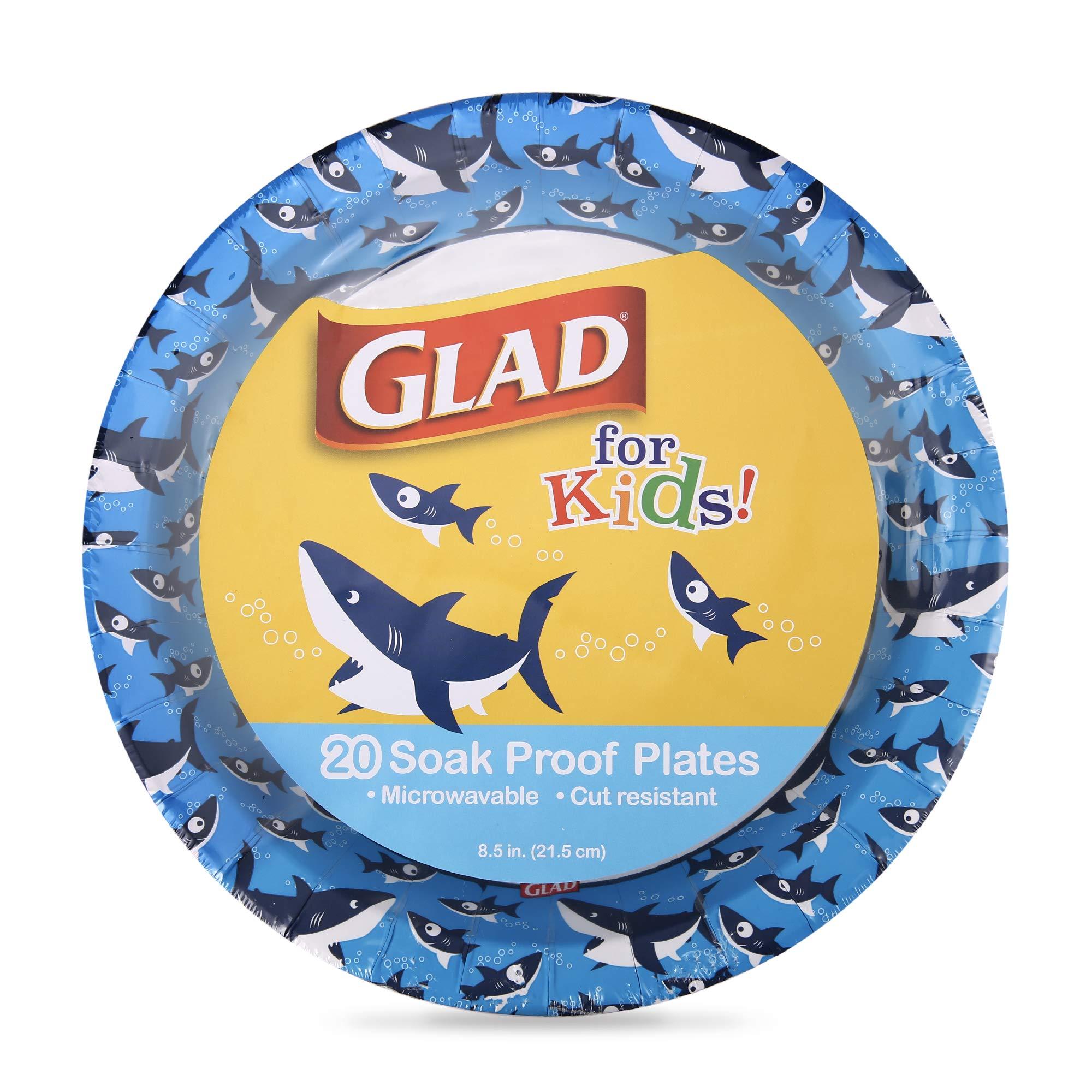 Glad Glad for Kids Shark Paper Plates, 20 Count - 6 Pack | Small Round Paper Plates With Cute Sharks for Kids | Heavy Duty Disposable Soak Proof Microwavable Paper Plates for All Occasions, 8.5 Inch
