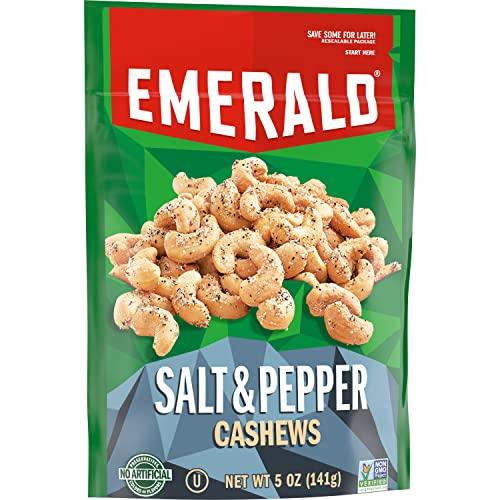 Emerald Emerald Nuts Salt and Pepper Seasoned Cashews (1-Pack), 5oz Resealable Bag, Kosher Certified, Non-GMO, Contains No Artificial Preservatives, Flavors or Synthetic Colors