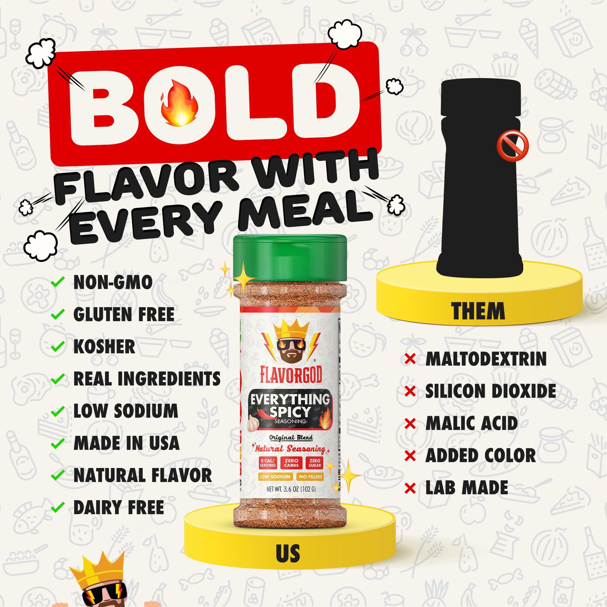 Flavor God Everything Spicy Seasoning Mix, 2 Bottles by Flavor God - Premium All Natural & Healthy Spice Blend for Steak, Salad, & Chicken - Kosher & Low Sodium - Great Flavor Spices and Seasoning Gift