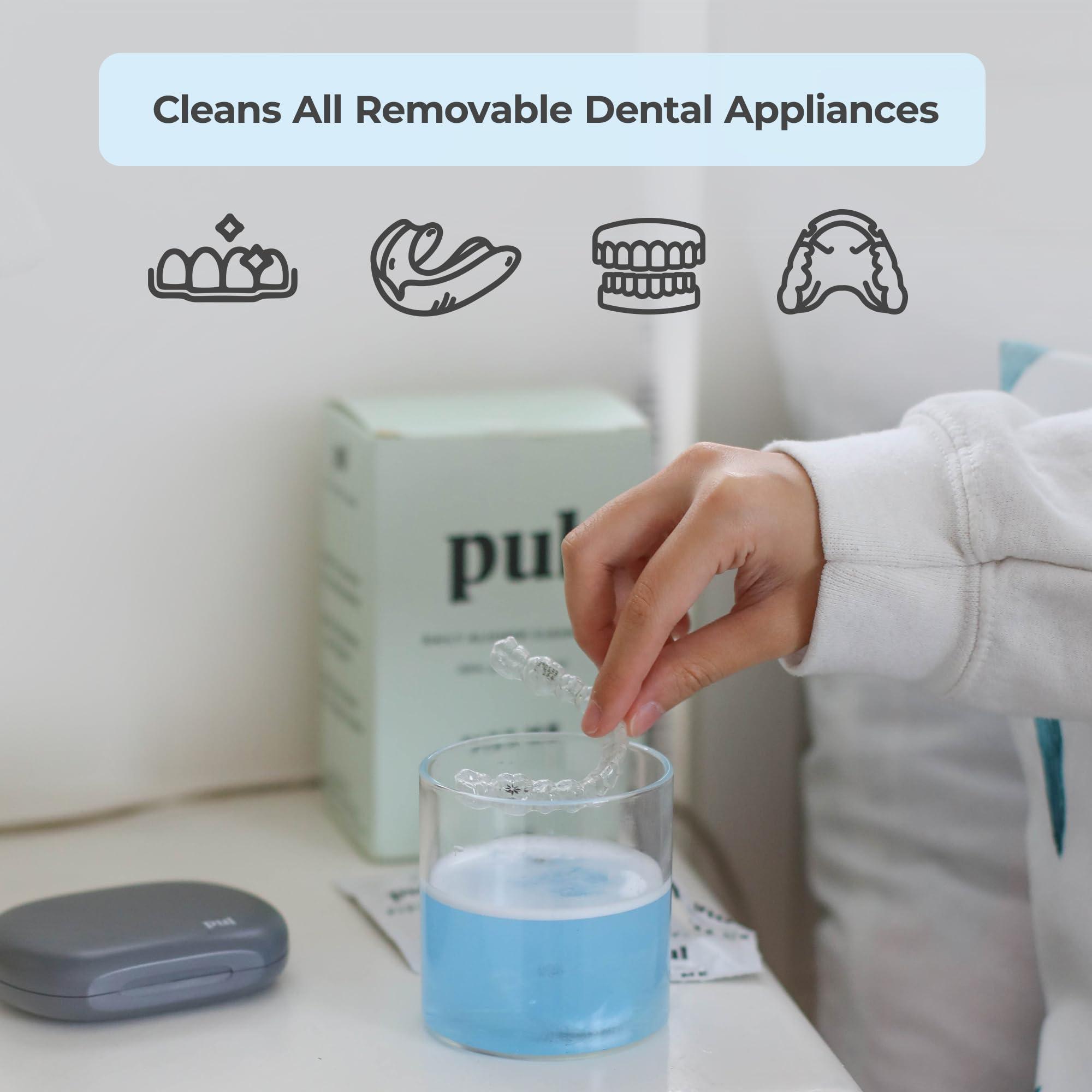 The Pultool Daily Aligner Cleanser Tablets by PUL - Remove Odors Discoloration Stains & Plaque - Specially Formulated to Clean & Brighten Aligners, Retainers, Dentures, Nightguards & Dental Appliances - 30 Pack