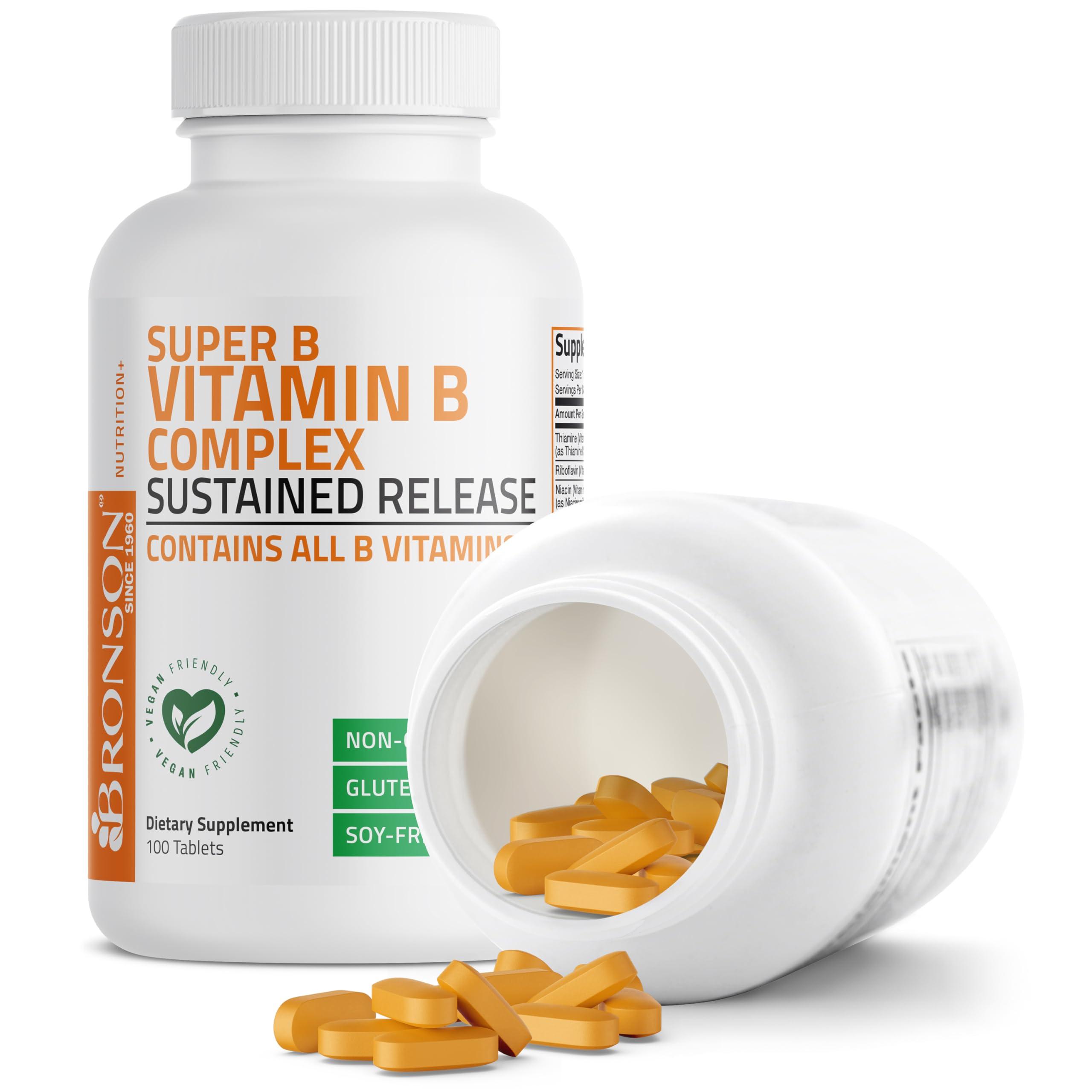 Bronson Bronson Super B Vitamin B Complex Sustained Slow Release (Vitamin B1, B2, B3, B6, B9 - Folic Acid, B12) Contains All B Vitamins 100 Tablets