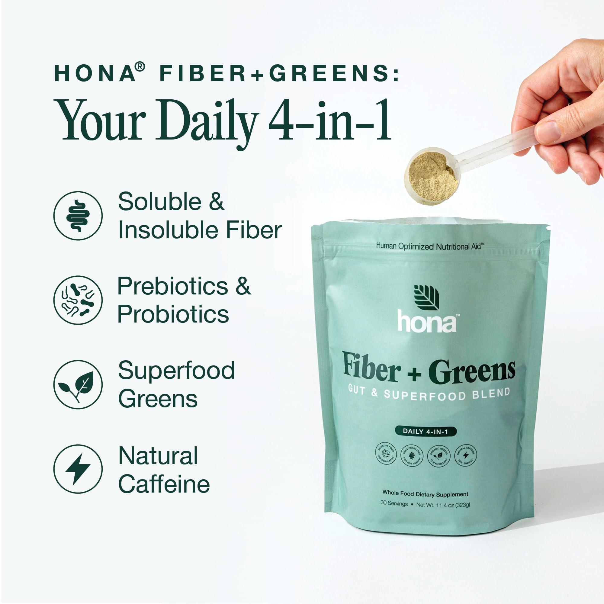 Hona Fiber + Greens Hona Fiber + Greens, Gut & Superfood Blend, Greens Powder with Prebiotics, Probiotics, Fiber & Natural Caffeine, Gluten Free, Sugar Free, Dairy Free, Vegan, Non GMO Greens Superfood Powder, 30 Srvgs