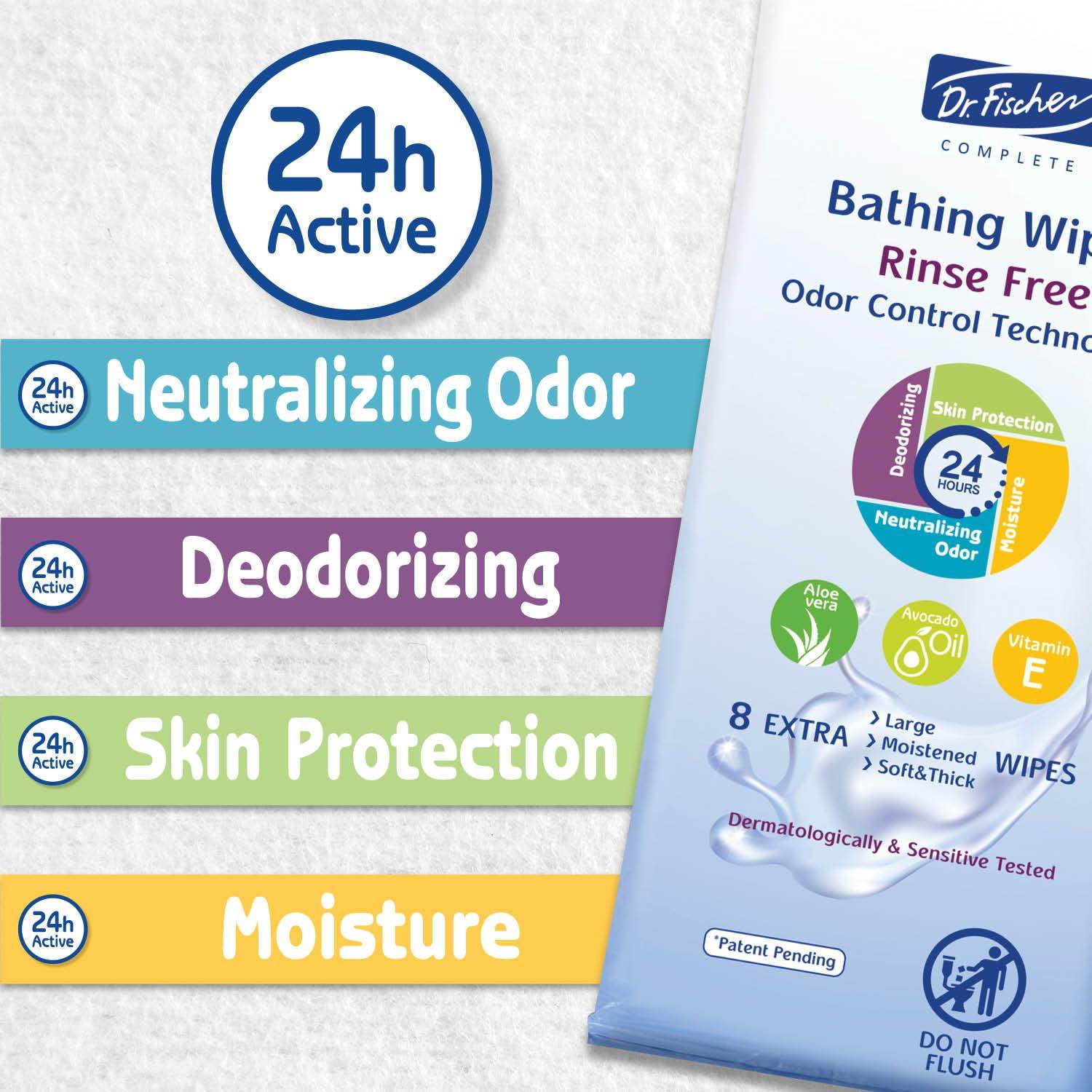 Dr. Fischer Dr. Fischer Rinse Free Bathing Wipes - Large Hygienic Cleansing Body Wipes for Adults - Disposable Shower Wipes. Bath Wipes for Adults. Convenient Travel Body Wipes.