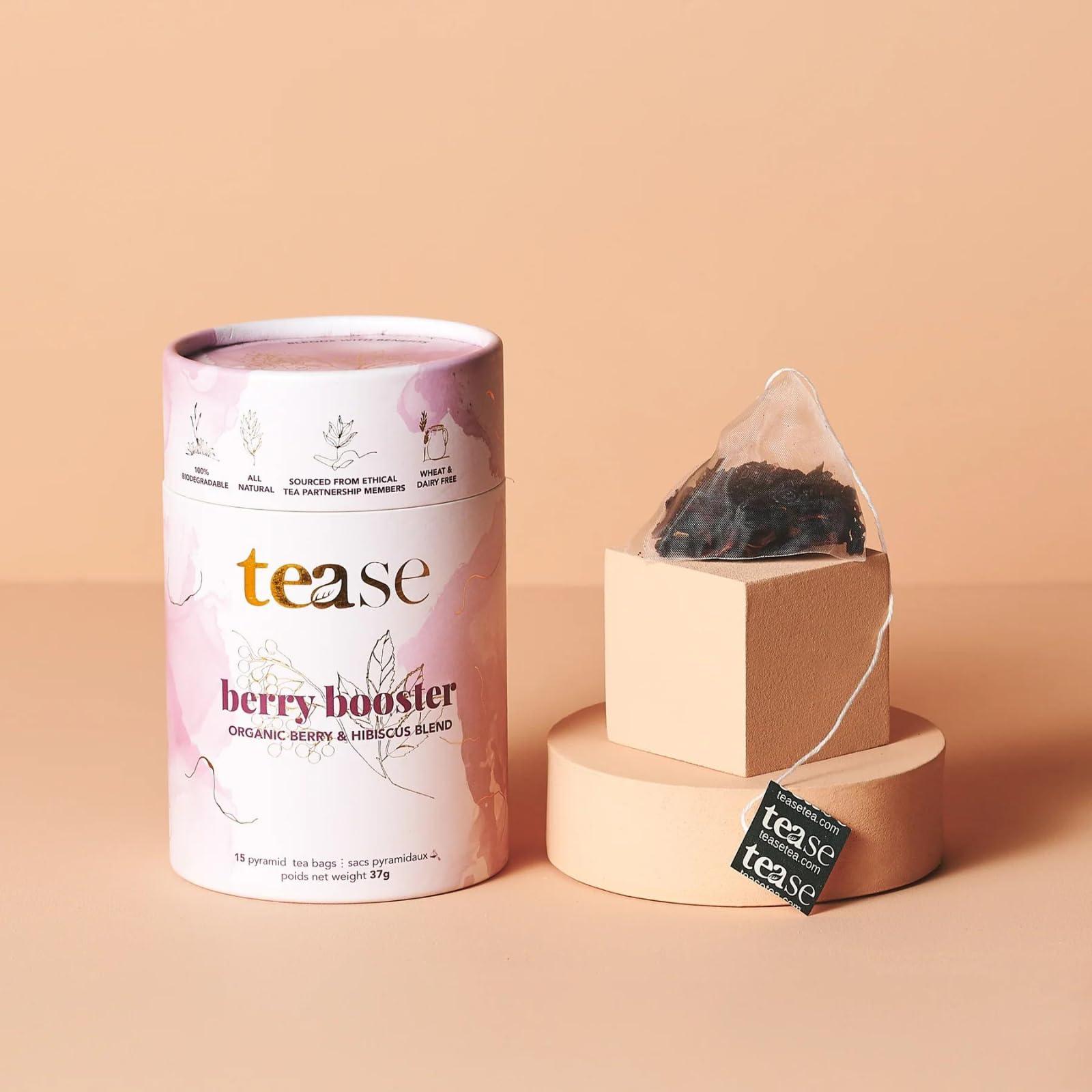 Tease Tease Tea Organic Tea Gift Set | 15 Piece Botanical Pyramid Tea Bag Infuser Sachets Luxury Wellness Tea Lovers Kit Loose Leaf Blend with Elderberry, Currant, Hibiscus Caffeine Free 37g (Berry Booster)