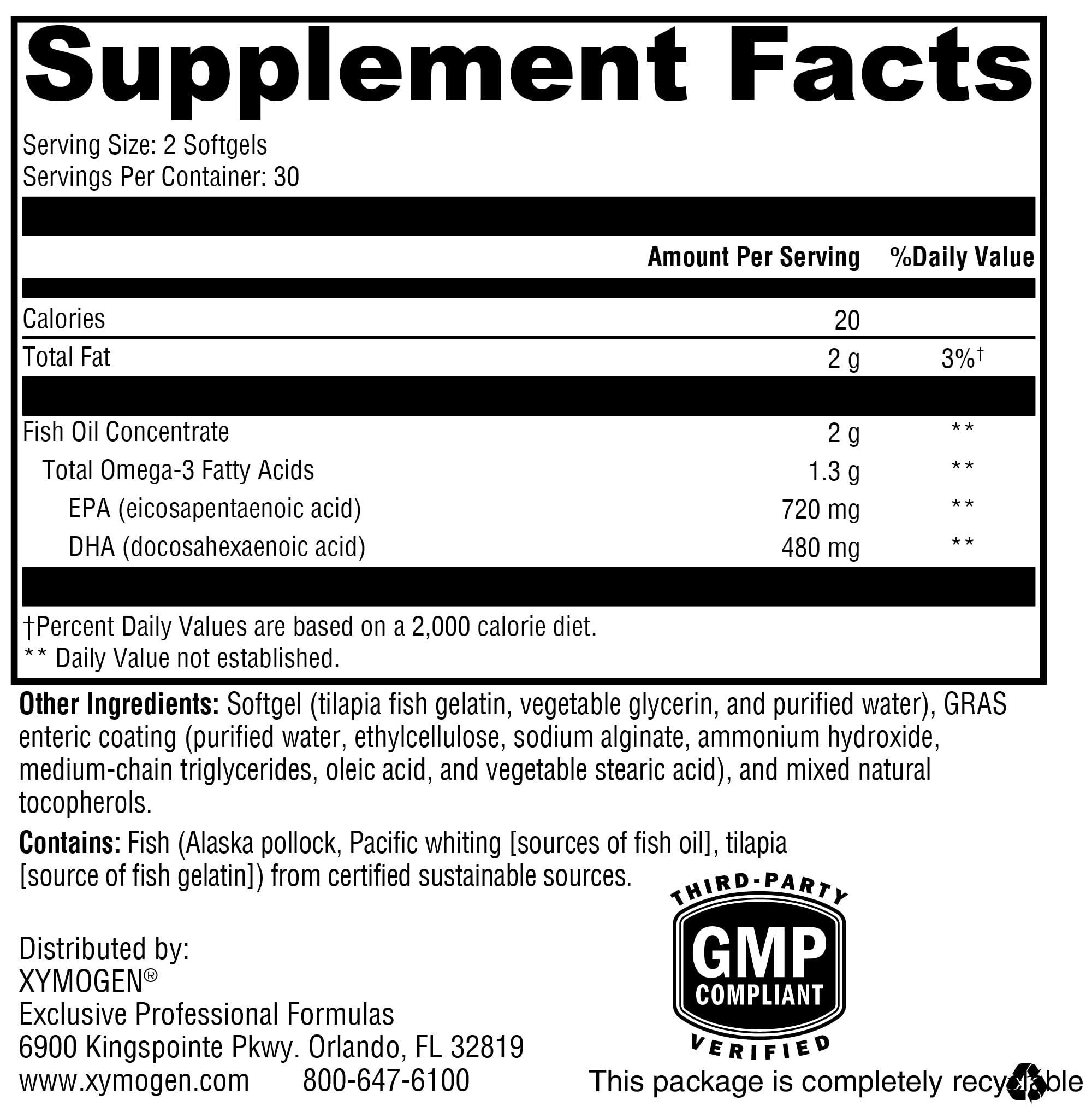 XYMOGEN XYMOGEN OmegaPure 600 EC - International Fish Oil Standards (IFOS) Five-Star Certified Enteric-Coated Fish Oil - DHA EPA Omega-3 Supplement for Cardiovascular + Cognitive Support (60 Softgels)