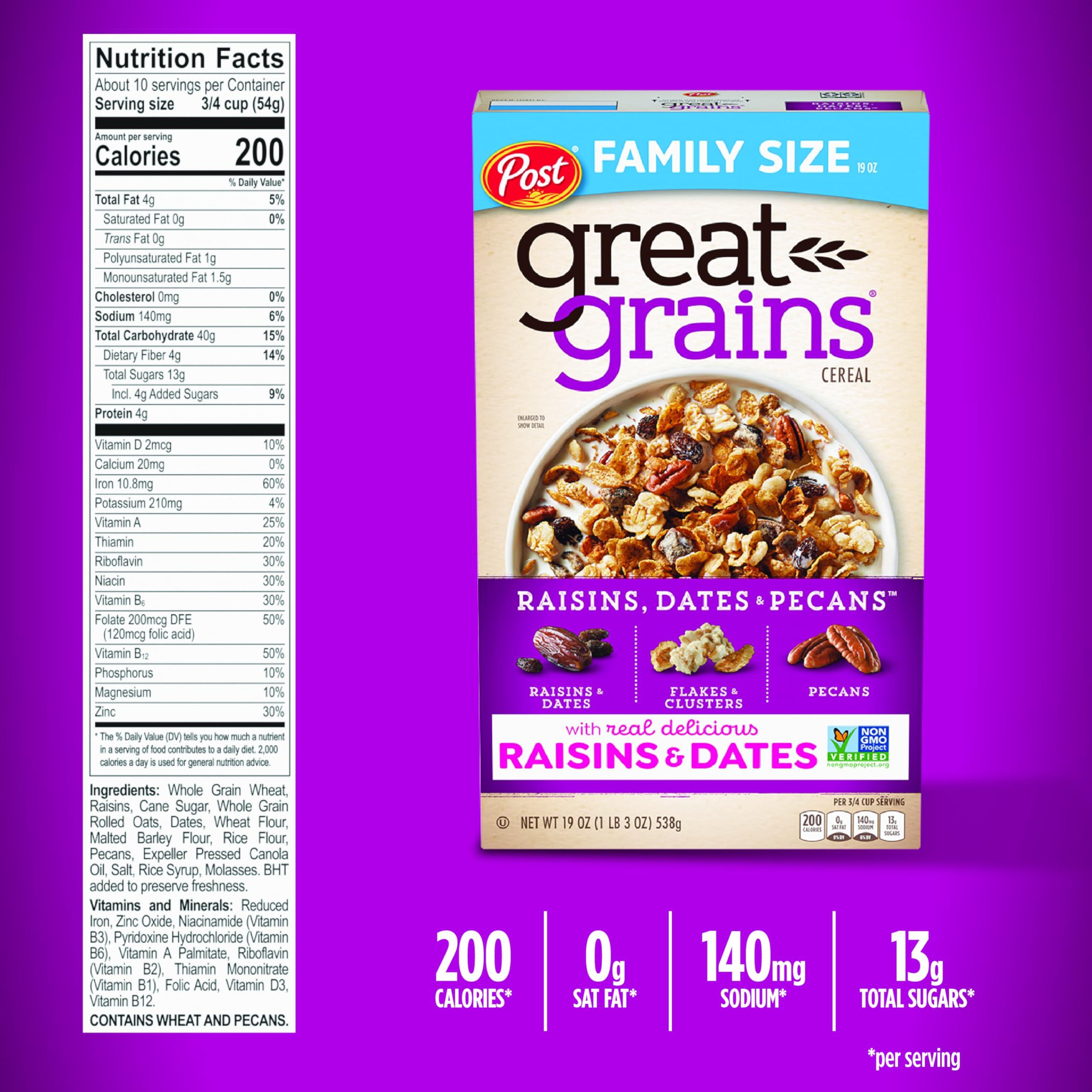 Great Grains Post Great Grains Raisins Dates and Pecans Breakfast Cereal, Raisin Cereal with Sweet Dates and Granola Clusters, Non-GMO Project Verified, 19 OZ Box