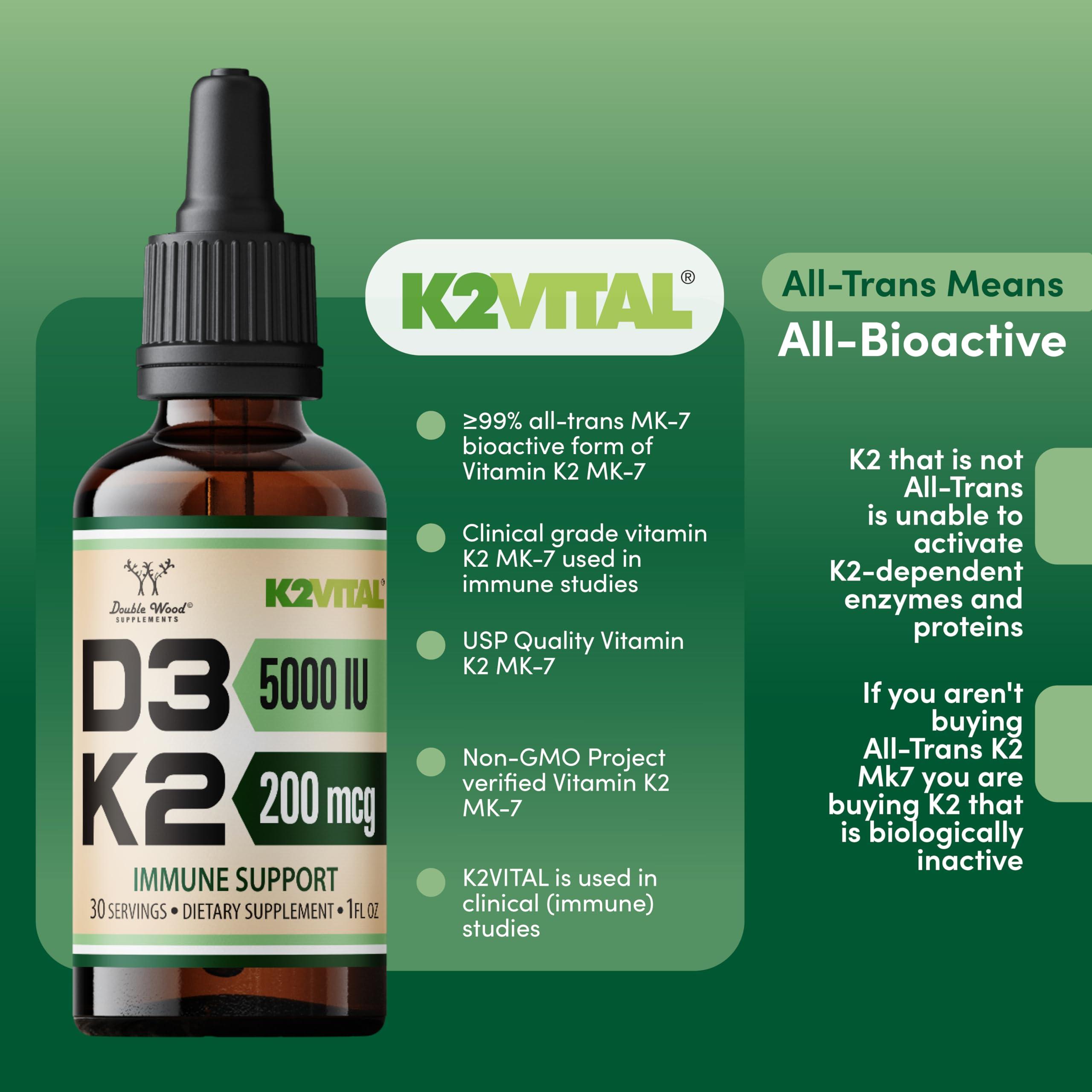 Double Wood Supplements Vitamin D3 K2 5,000 IU Liquid Drops (5,000 IU of D3 and 200mcg of 99.9% All-Trans Patented K2 MK-7 (K2Vital)) Max Absorption Liquid Vitamin D Drops (30 Servings) by Double Wood