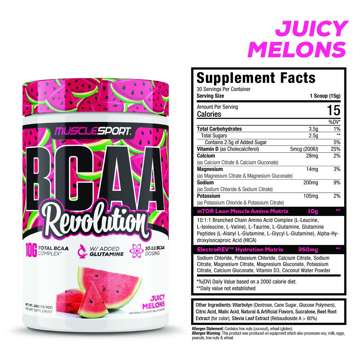 Musclesport MuscleSport BCAA Revolution Amino Acid Powder Supplement for Men & Women - Intra Workout Training Complex - Recovery Supplement (Juicy Melons, 30 Servings)