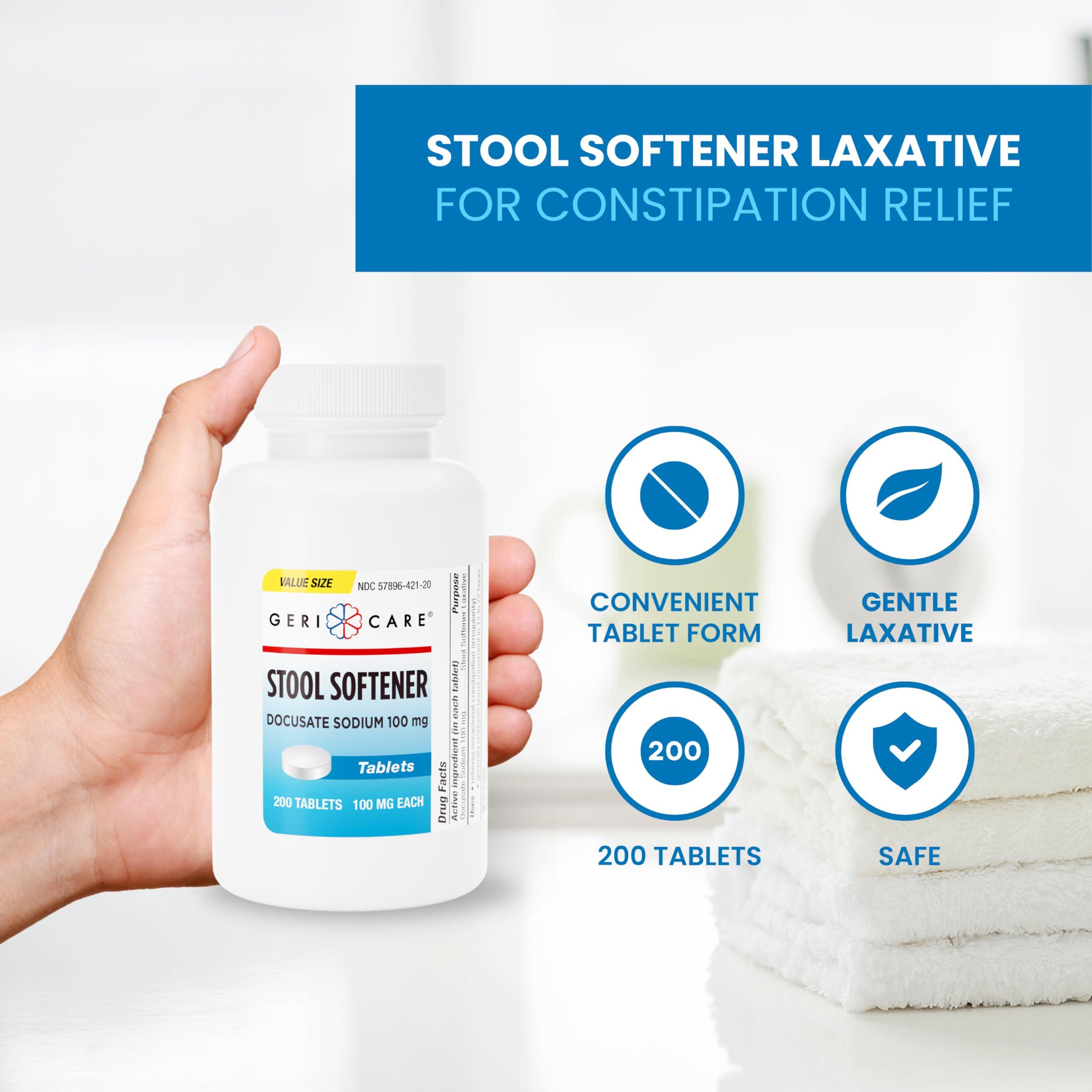 GeriCare GeriCare Docusate Sodium Stool Softeners, Best Stool Softener for Daily use for Women, Men, and Elderly - Ideal for Constipation Relief 100mg Crushable Tablets. (200 Count) Made in The USA.