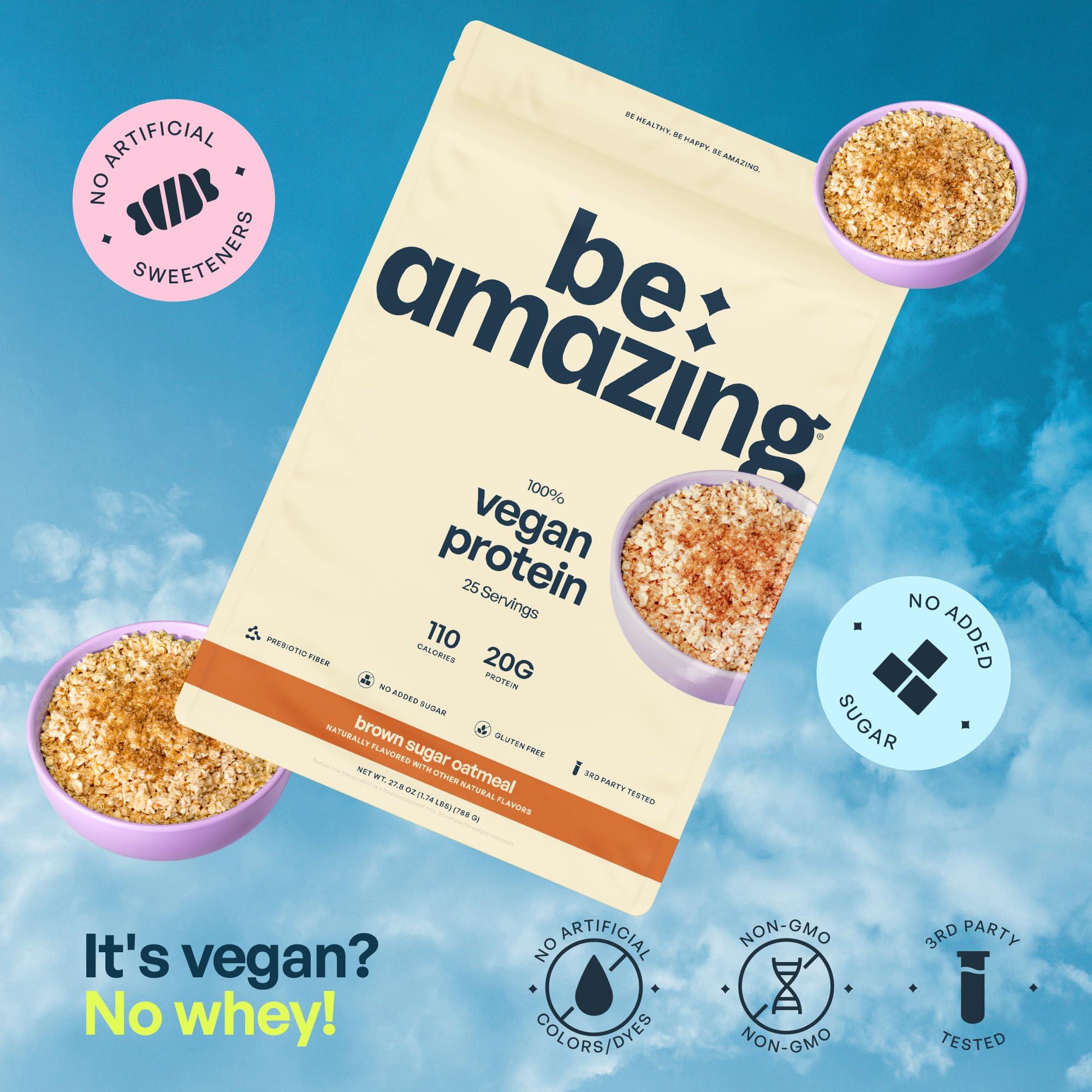 BEAM BEAM Be Amazing Vegan Protein Powder | 20g Plant-Based Protein with Prebiotics Fibers | Sugar-and-Gluten-Free Shake Mix, Low Carb Non-Dairy Smoothie | Brown Sugar Oatmeal, 25 Servings