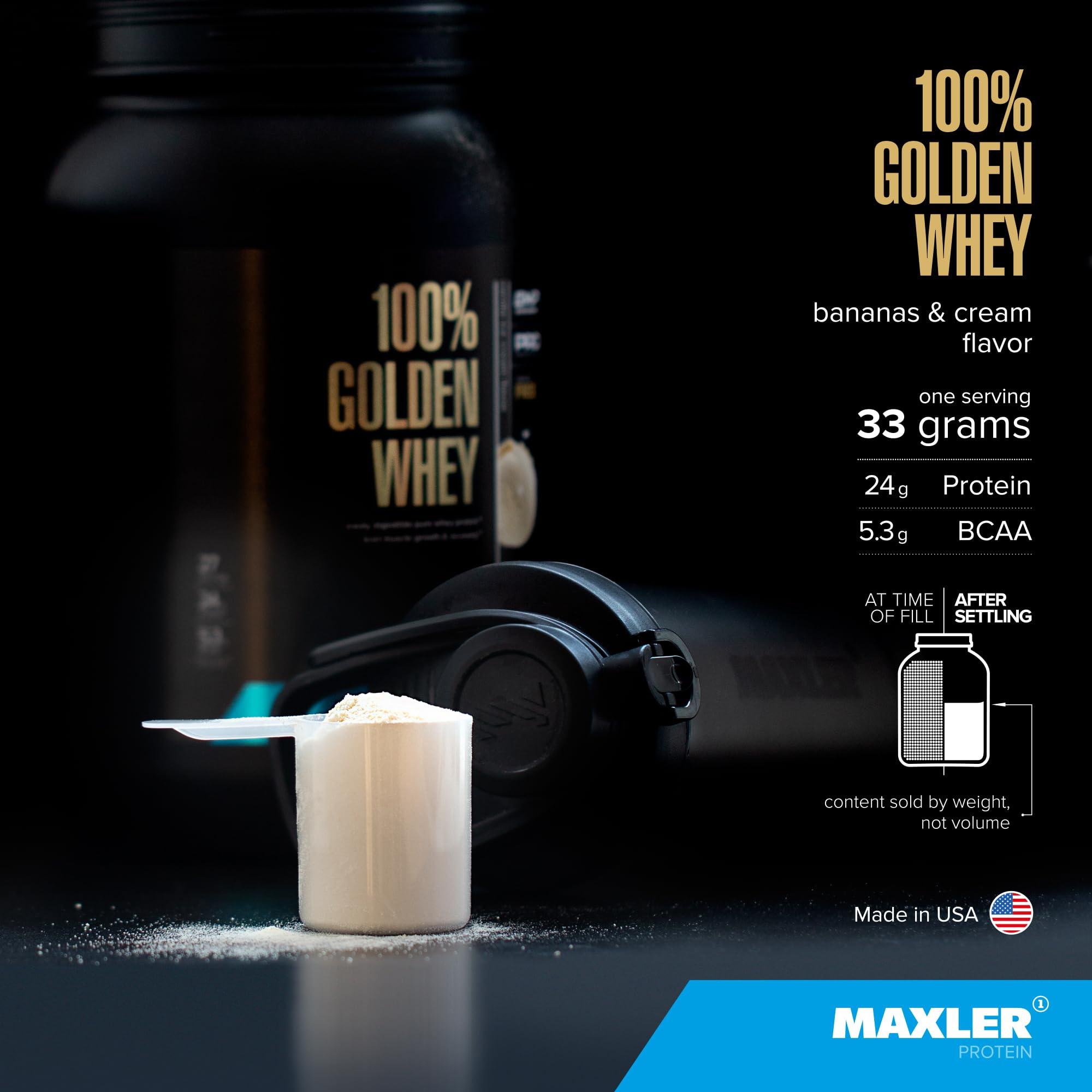 Maxler Maxler 100% Golden Whey Protein - 24g of Protein per Serving - Premium Whey Protein Powder for Pre Post Workout - Fast-Absorbing Whey Concentrate, Isolate & Hydrolysate Blend - Bananas & Cream 2 lb