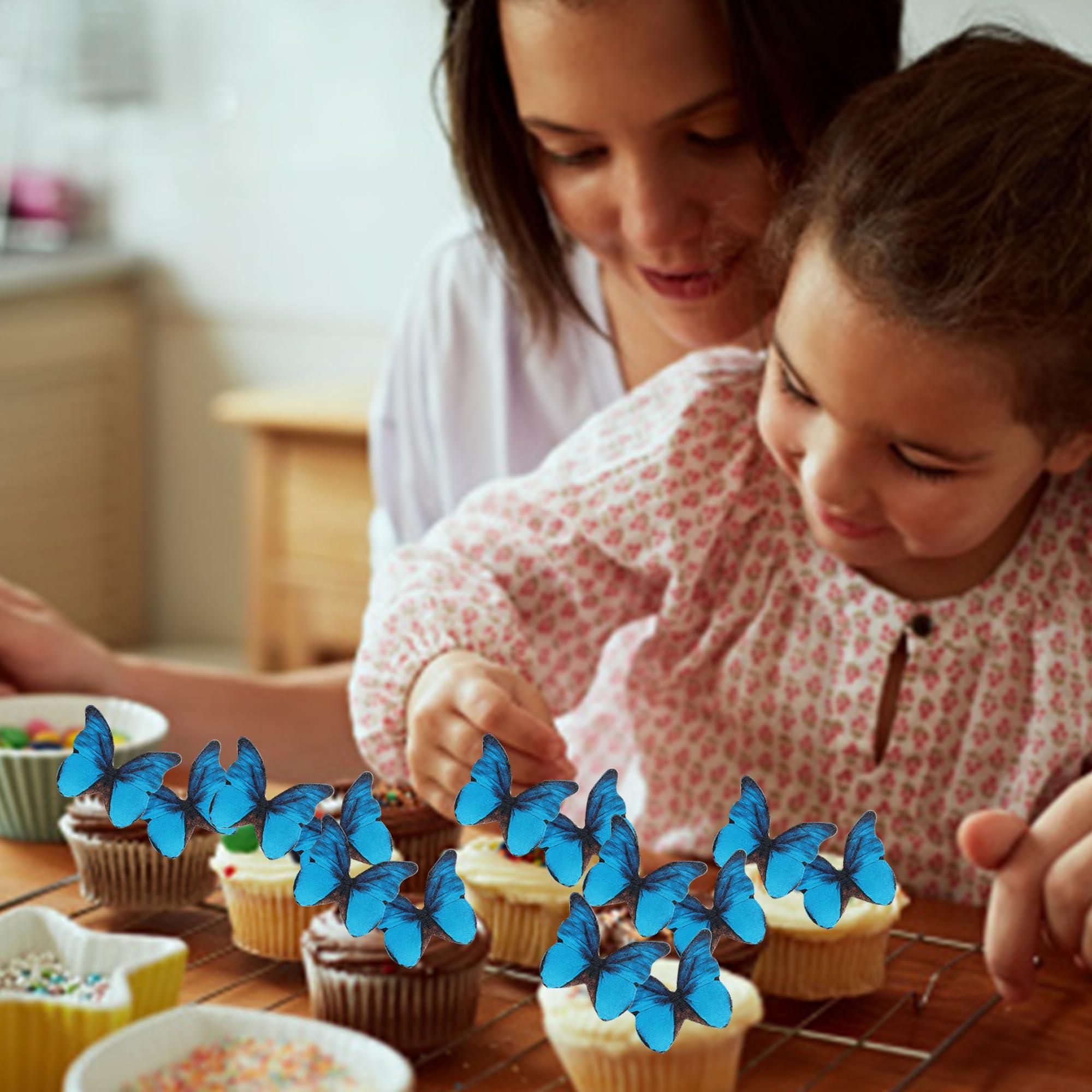 ZHUOWEISM 48PCS Edible Butterfly Cupcake Toppers Edible Butterfies for Cake Decorating Wafer Paper Edible Butterfly Cupcake Picks for Wedding Anniversary Kids Birthday Party Cake Decorations Supplies Blue