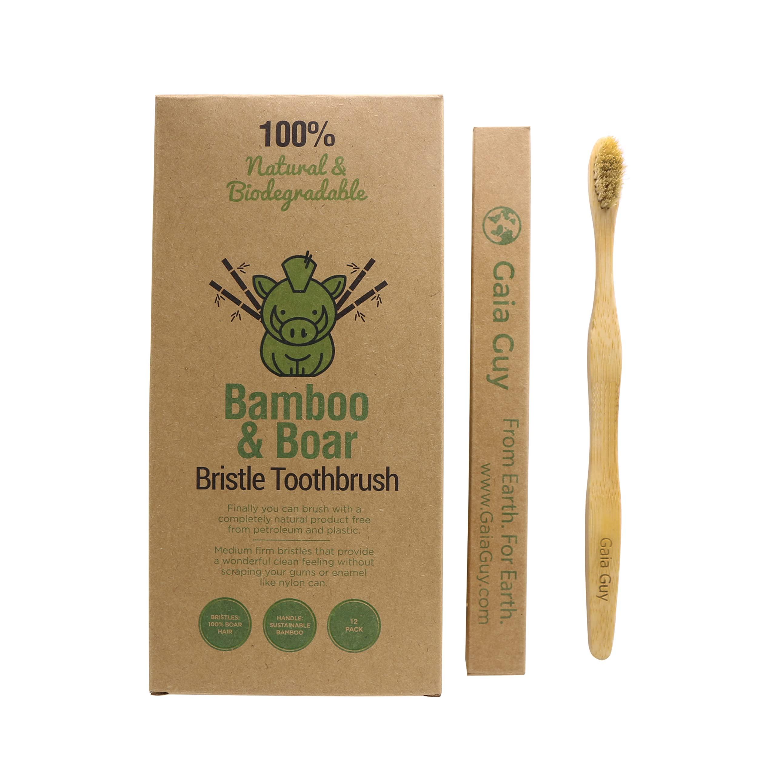 Gaia Guy Gaia Guy Natural Bristle Bamboo Toothbrush with Boar Bristles - Totally Biodegradable and Compostable - No Nylon Toothbrushes - Zero Waste 12-Pack