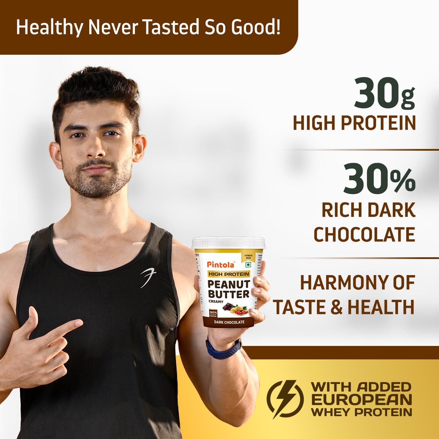 Pintola Pintola HIGH Protein Peanut Butter (Dark Chocolate) (Crunchy, 510g) | 30% Protein | High Fibre | NO Salt