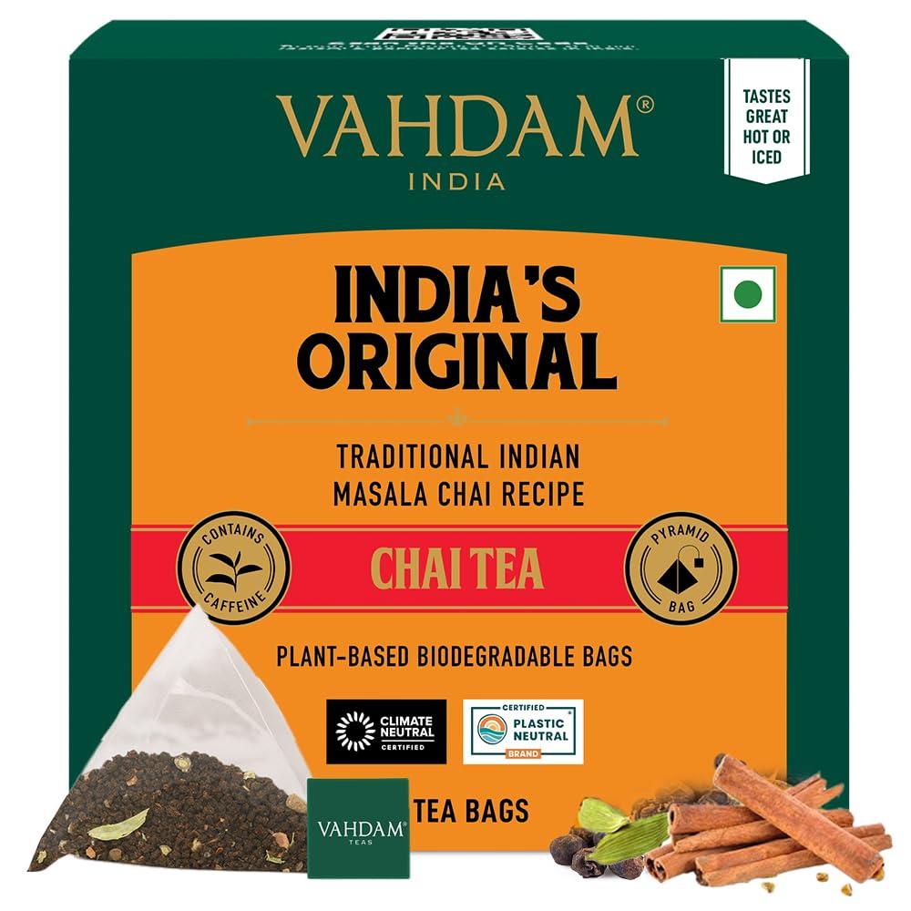 VAHDAM VAHDAM, India\'s Original Masala Chai Tea Bags (15 Count) Non GMO, Gluten Free, No Added Flavoring | Blended w/Savory Exotic Spices | Individually Wrapped Pyramid Tea Bags | Direct from Source