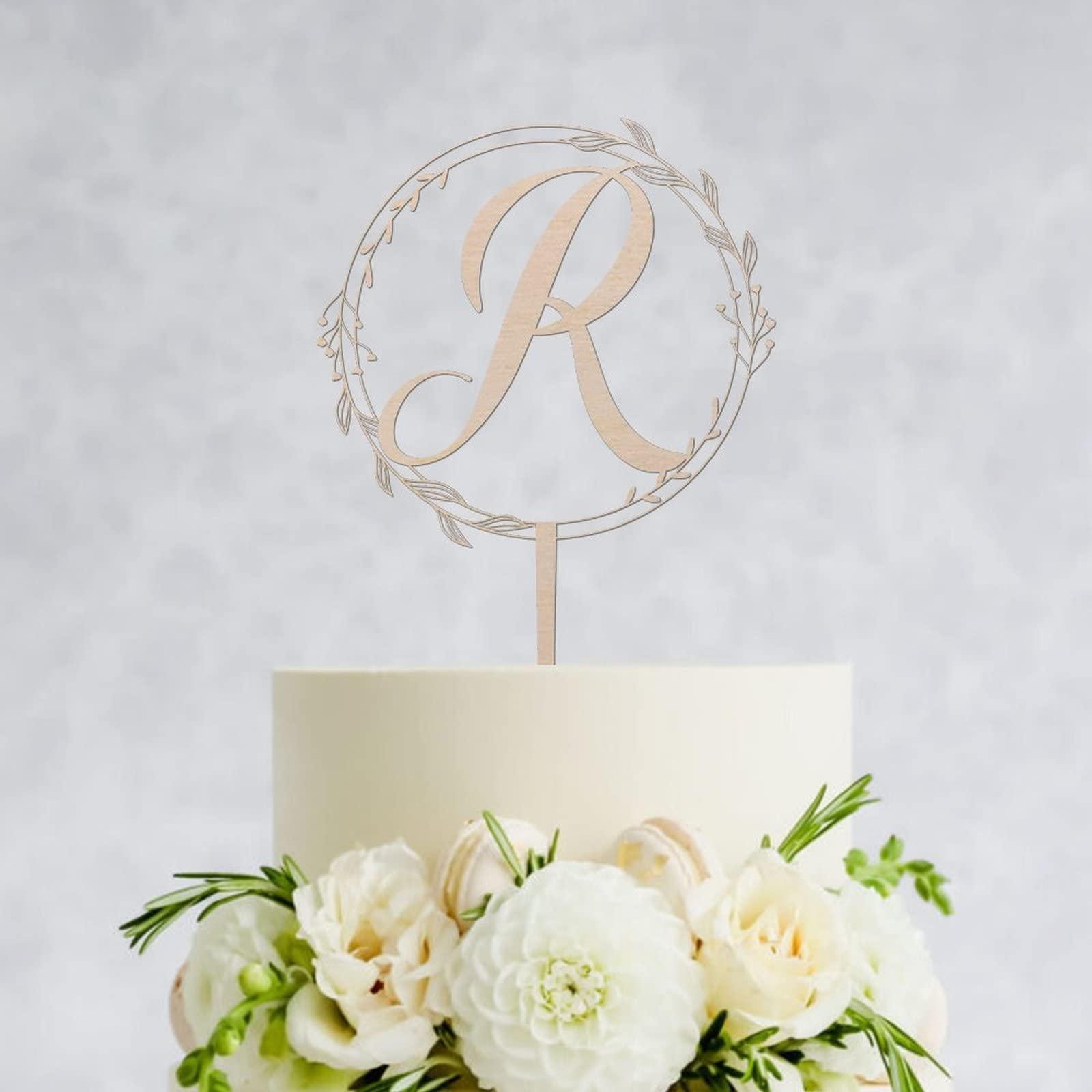 JuneLucky JuneLucky Initial Letter R Wedding Cake Topper Rustic Wood,Personalized Alphabet Letters Cake Toppers,Custom Monogram Wedding Cake Topper for Mrs & Mrs,Funny Birthday Cake Topper,Party Supplies