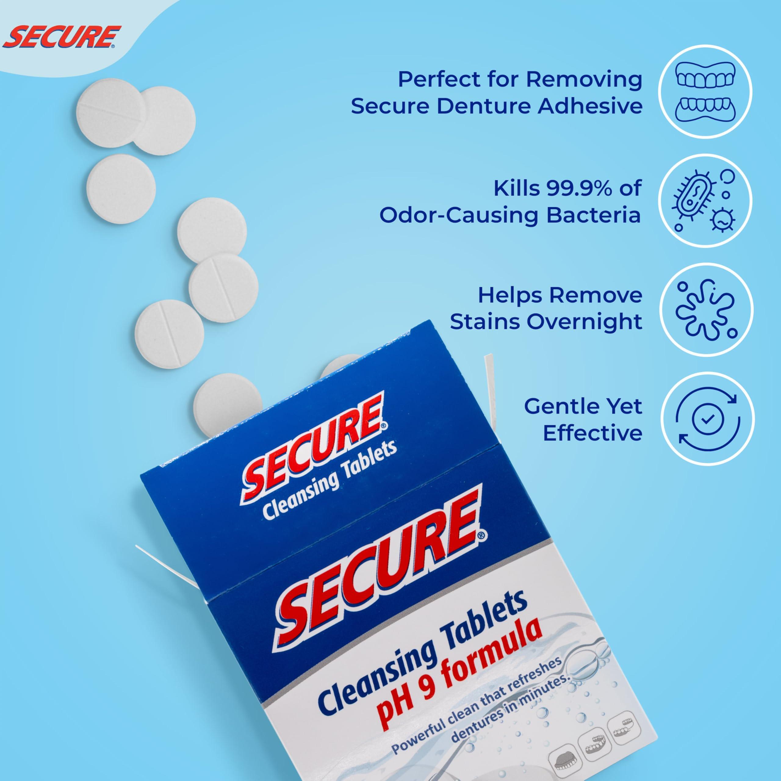 Secure Secure Anti-Plaque Cleansing Tablets PH Formula Removes Odors, Stains, Bacteria, Germs - Deeply Clean Dentures, Partials, Nightguards, Retainers in 5 Minutes - Zinc Free - 32 Tablets (1 Pack)