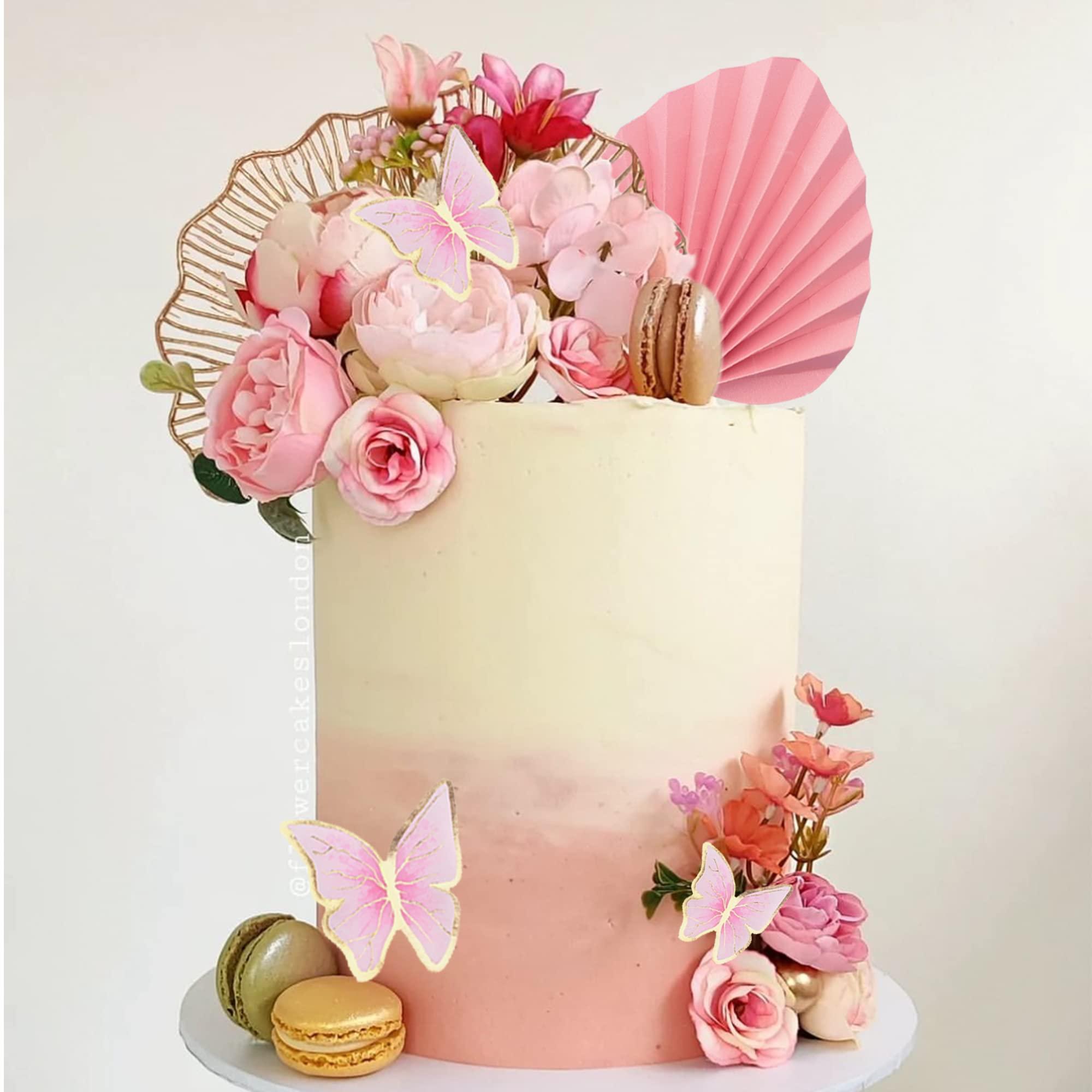 LEFUBABY Boho Flower Cake Toppers Balls Cake Decorations with Butterflies for Birthday Party Wedding Baby Shower Boho Themed Party Supplies (Hot Pink)
