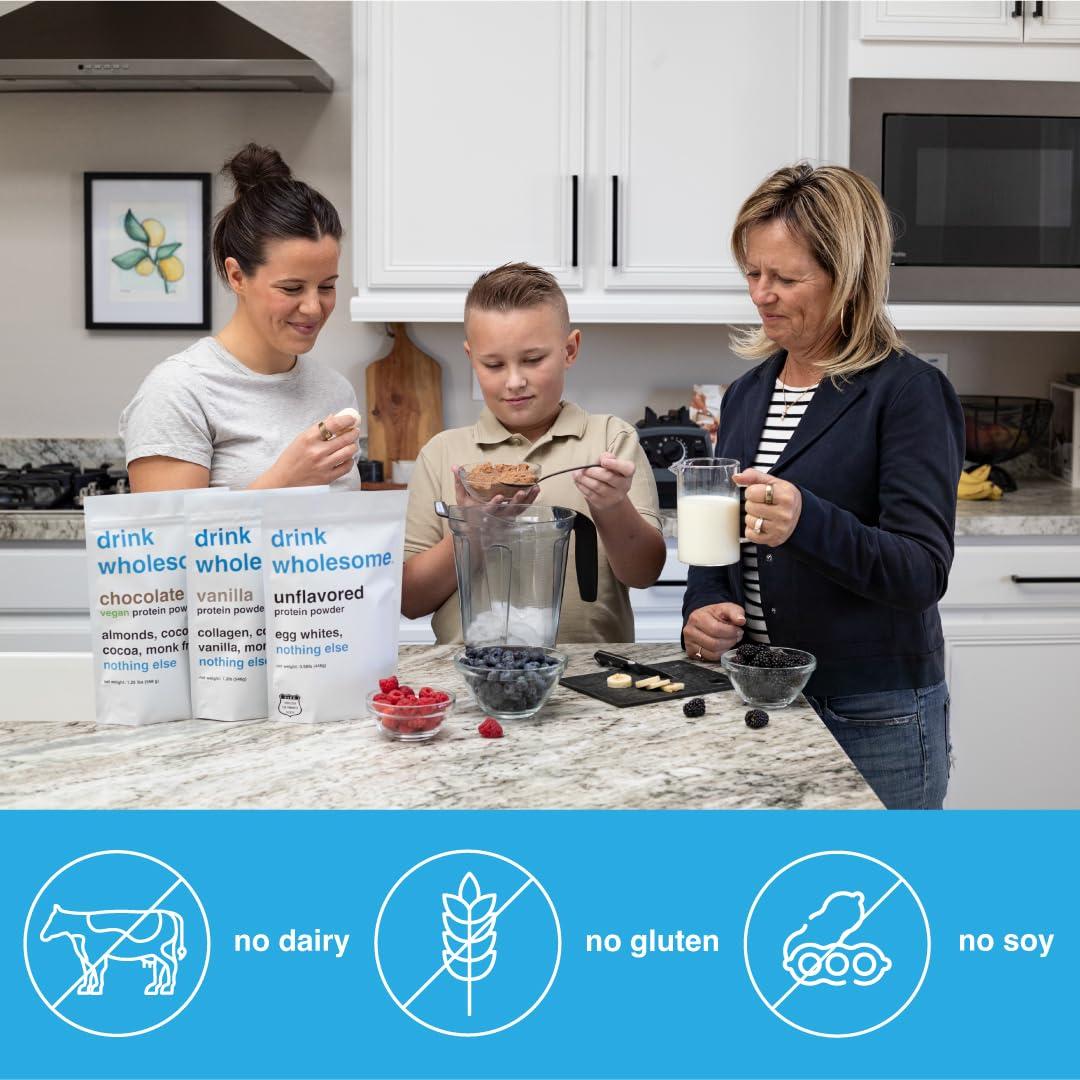 drink wholesome drink wholesome Vegan Chocolate Almond Protein Powder | for Sensitive Stomachs | Gut Friendly | No Artificial Sweeteners | No Stevia | Low Sodium | Paleo | Safe for Kids & Seniors