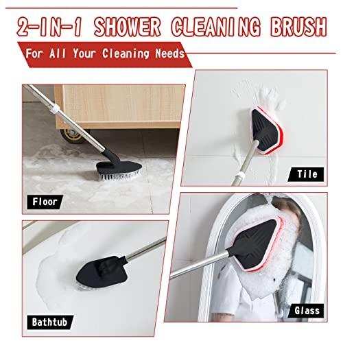 MAYKI 2-In-1 Shower Cleaning Brush with 46\'\' Long Handle, Fixable Shower Scrubber for Cleaning, Flexible Long Handled Scrub Brush for Shower/Bathroom, Non Scratch Tub Scrubber with Microfiber Cloth by MAYKI