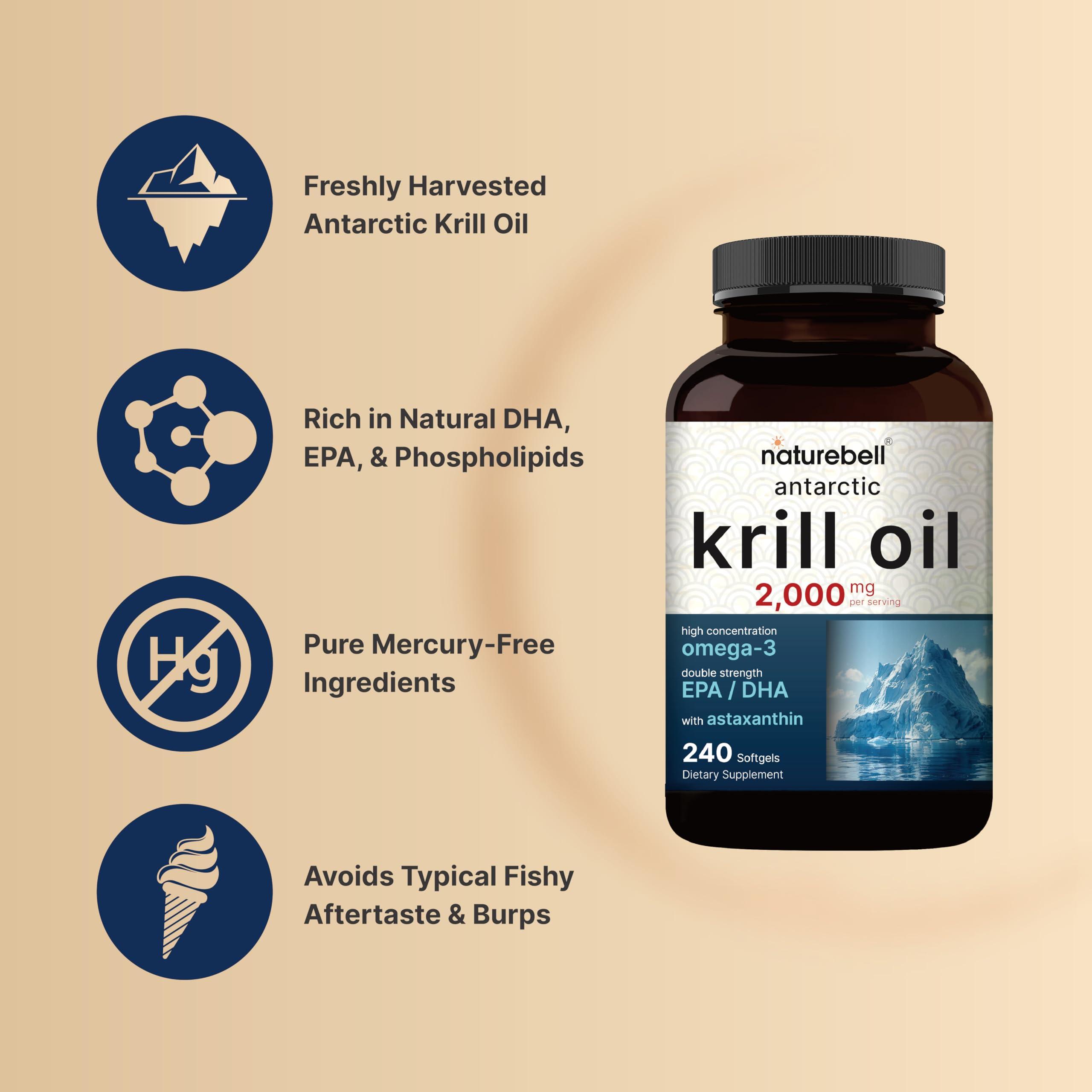 NatureBell Antarctic Krill Oil 2000mg Supplement, 240 Softgels, 3X Strength Natural Source of Omega-3s, EPA 240mg + DHA 160mg + Astaxanthin 800mcg No Fishy Aftertaste Mercury Free & Non-GMO