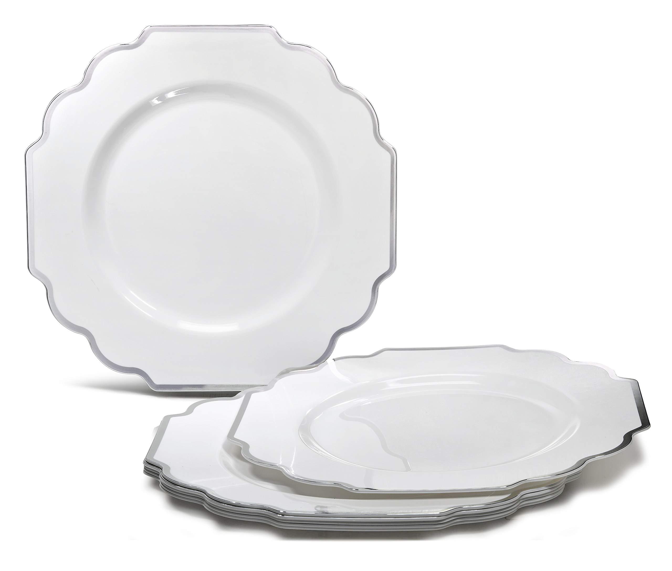 OCCASIONS FINEST PLASTIC TABLEWARE \" OCCASIONS \" 50 Plates Pack (25 Guests)-Heavyweight Wedding Party Disposable Plastic Plate Set -(25x10.5\'\' Dinner + 25x8\'\' Salad/Dessert) (Imperial in White & Silver Rim)