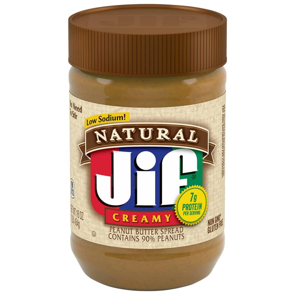 Jif Jif, Natural Low Sodium Creamy Peanut Butter Spread, 16oz Jar (Pack of 6)