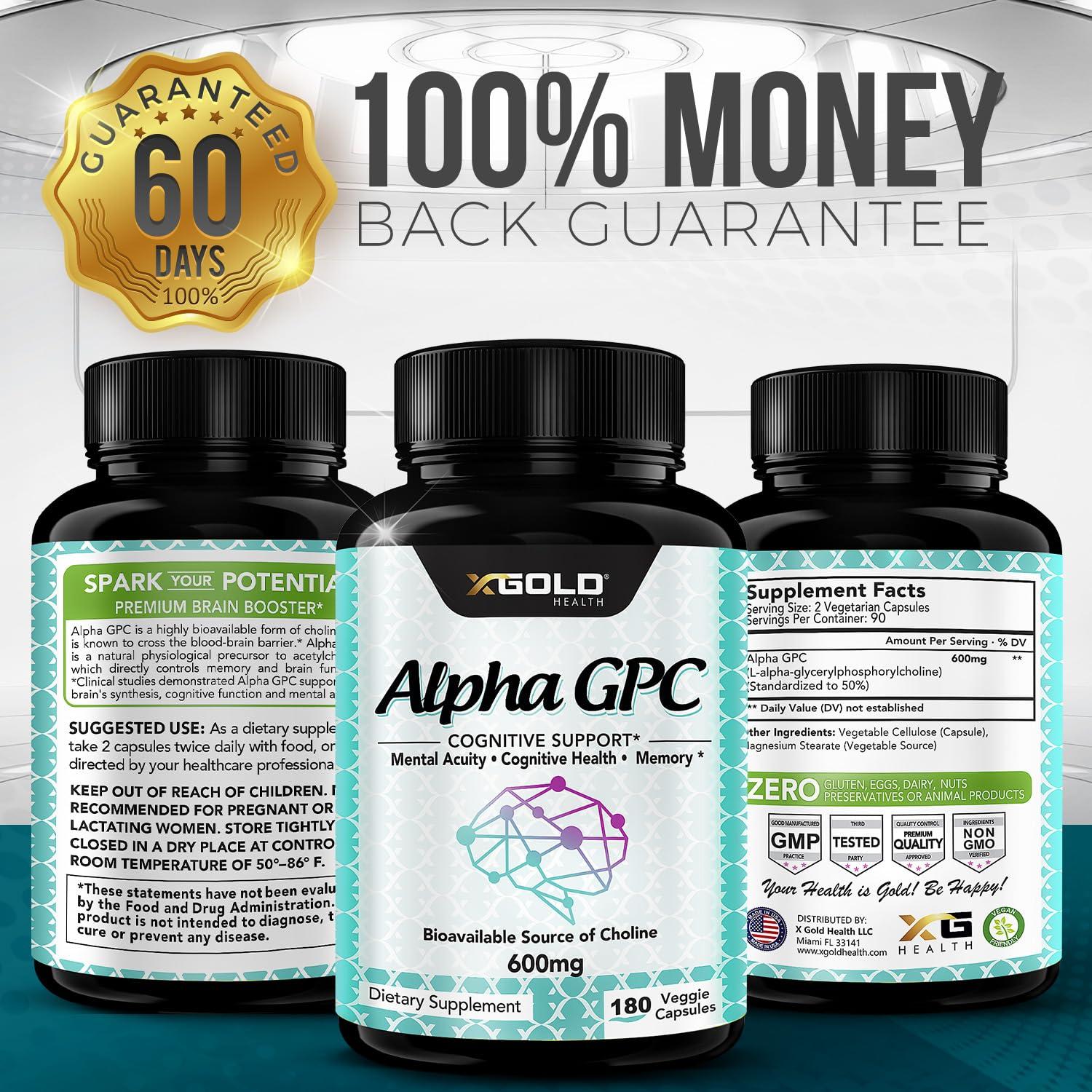 X Gold Health Alpha GPC Choline Supplement 600mg, 99%+ Highly Purified, Highly Bioavailable Source of Choline,180 Veggie Capsules, Cognitive Enhancer Nootropic, Supports Memory & Brain Function, Boosts Focus & Mood