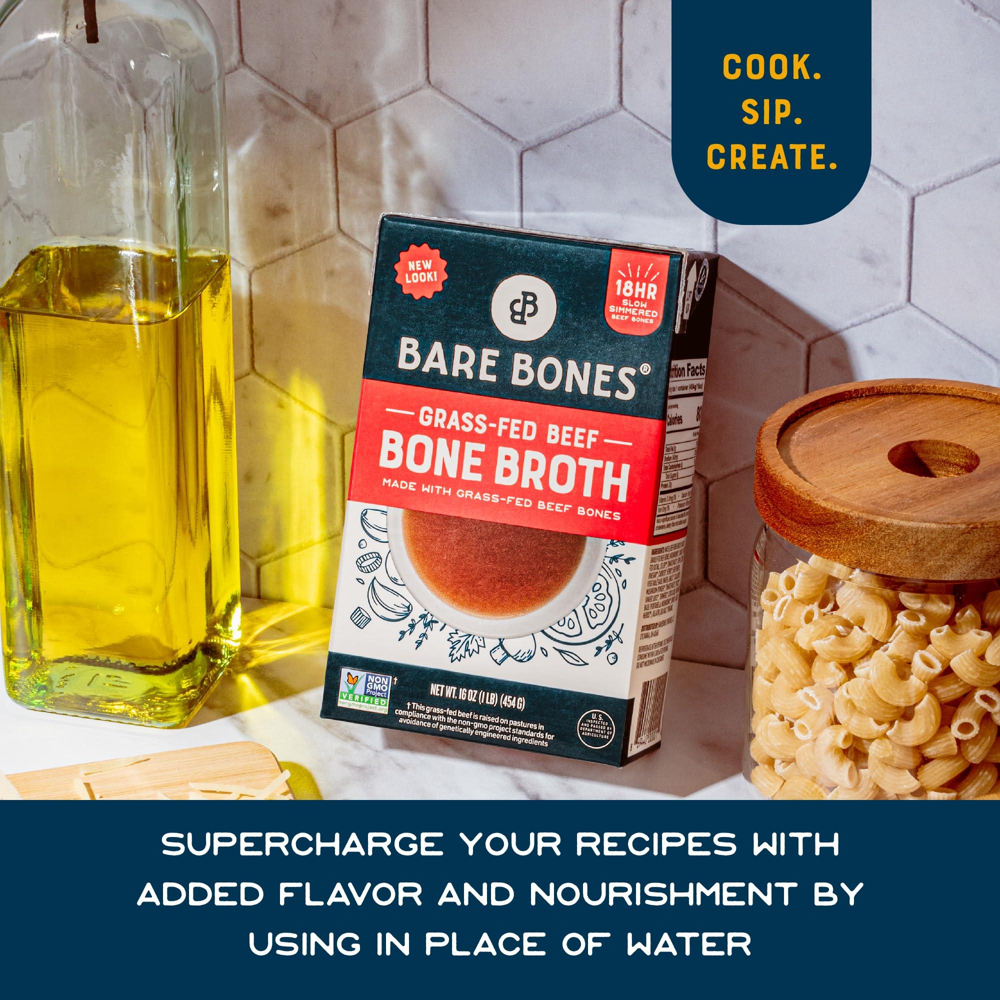 Bare Bones Bare Bones Grass-Fed Beef Bone Broth | Pour w/Pasture Raised Protein & Collagen for Cooking & Sipping | No Artificial Flavors Non-GMO Gluten & Dairy-Free Keto & Paleo Friendly | 16oz Carton | 8 Pack