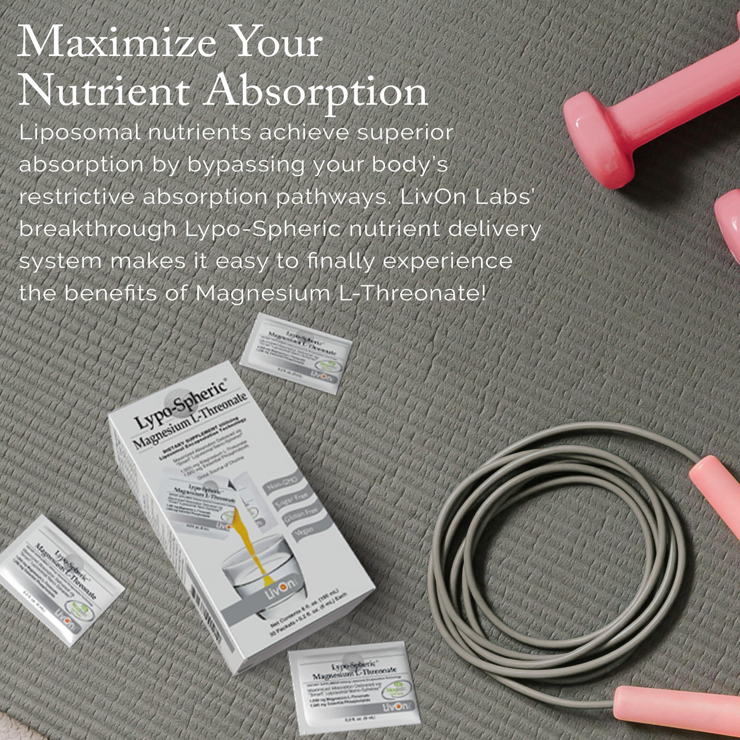 LivOn Laboratories LivOn Laboratories Lypo-Spheric Magnesium L-Threonate - 30 Packets - 77mg Per Packet - Liposome Encapsulated for Maximum Bioavailability - Professionally Formulated - 100% Non-GMO