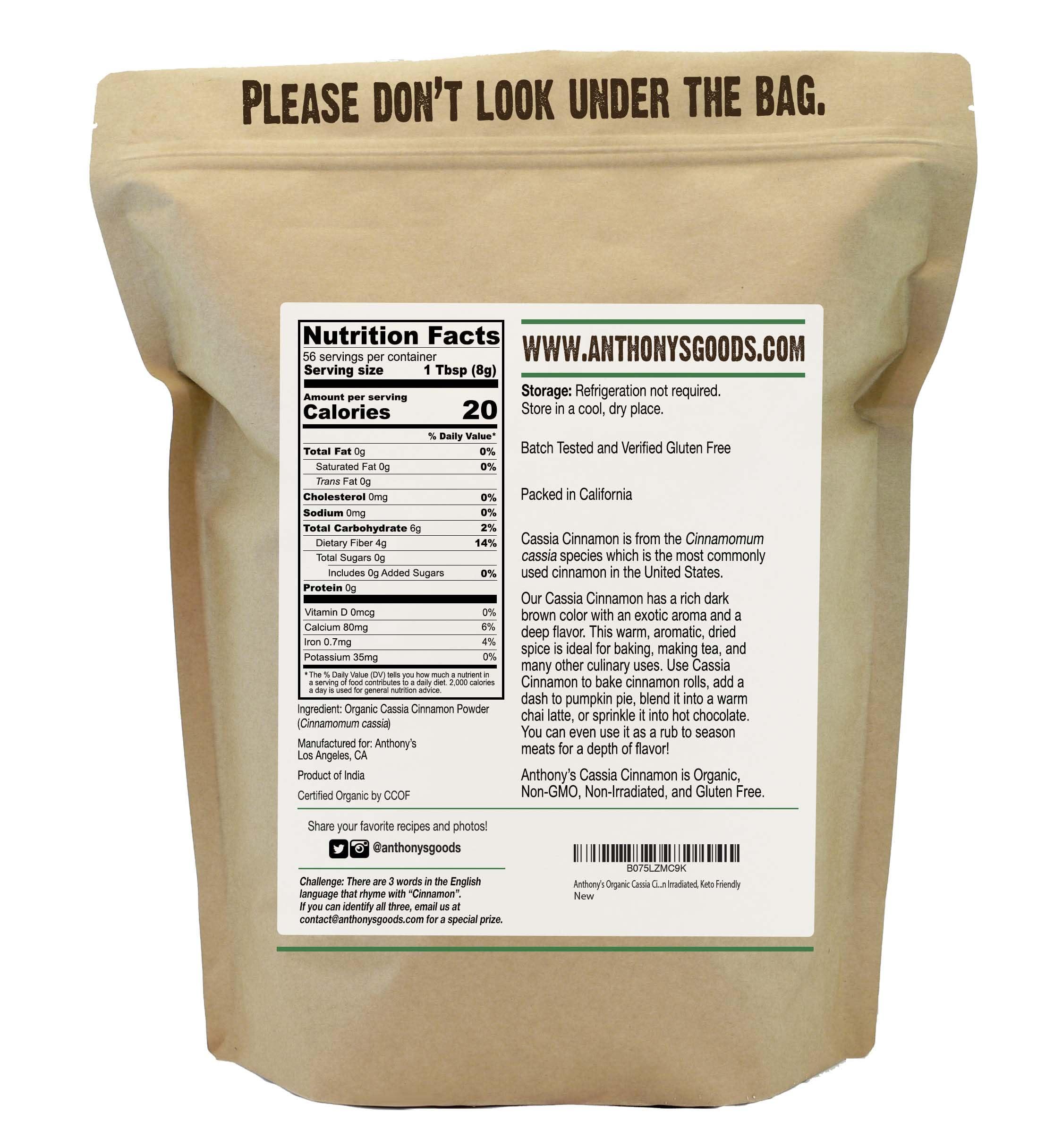 Anthony's Anthony's Organic Cassia Cinnamon Powder, 1 lb, Ground, Gluten Free, Non GMO, Non Irradiated, Keto Friendly