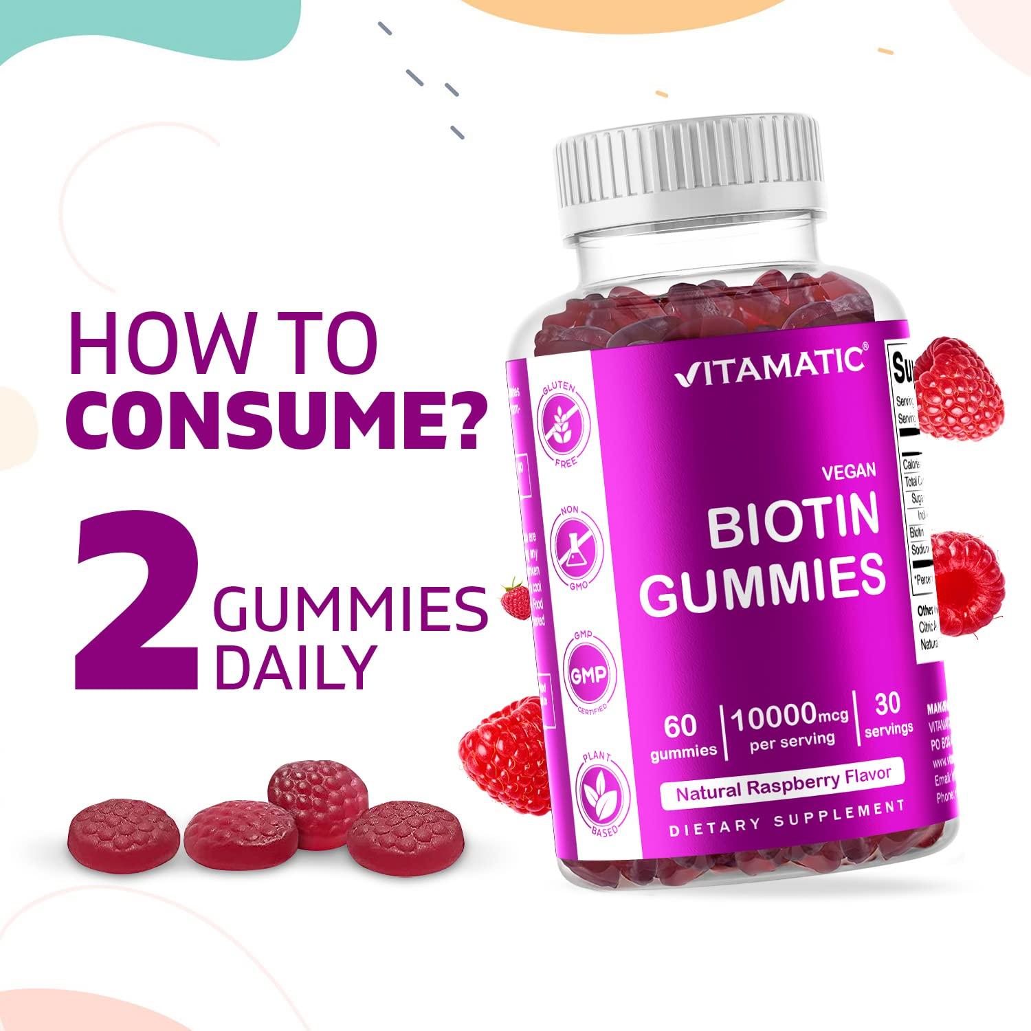 Vitamatic Vitamatic Biotin Gummies 10,000 mcg for Stronger Hair, Skin & Nails - 60 Vegan Gummies - Also Called Vitamin B7 (6 Bottles)