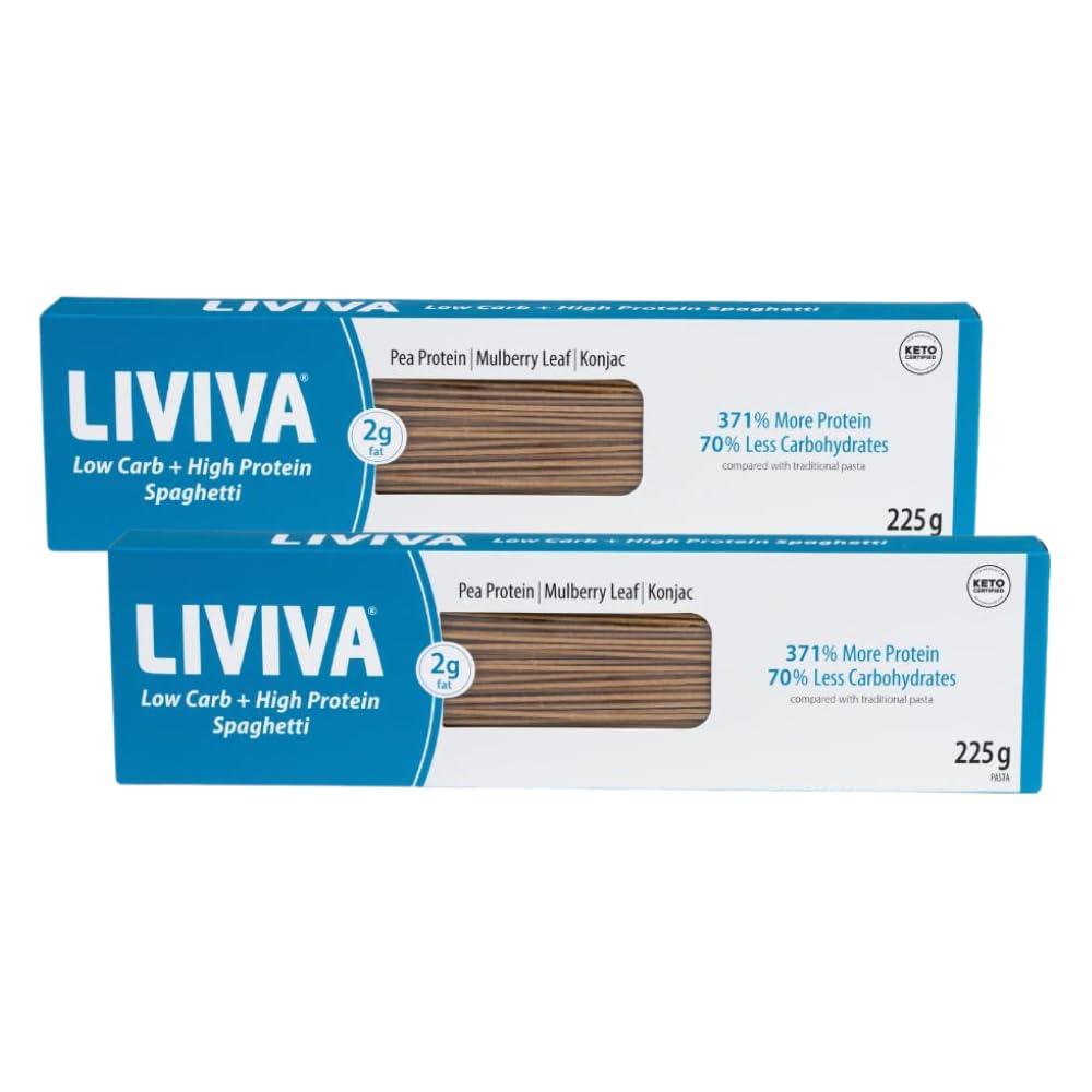 LIVIVA LIVIVA Low Carb High Protein KETO Spaghetti Noodle Pasta 2 Pk 135 g Protein per Box with Pea Protein & Konjac Flour - 8g Net Carbs, Diabetic-Friendly - Ready to Eat in 3 4 mins - Healthy Al Dente Pasta