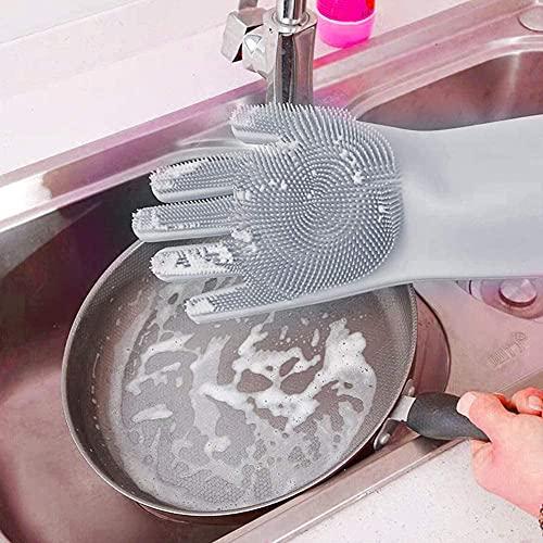 Helenhouse Dishwashing Cleaning Gloves Silicone Rubber Sponge Gloves Household Scrubber Kitchen Cleaning Tools Kitchen (Blue)