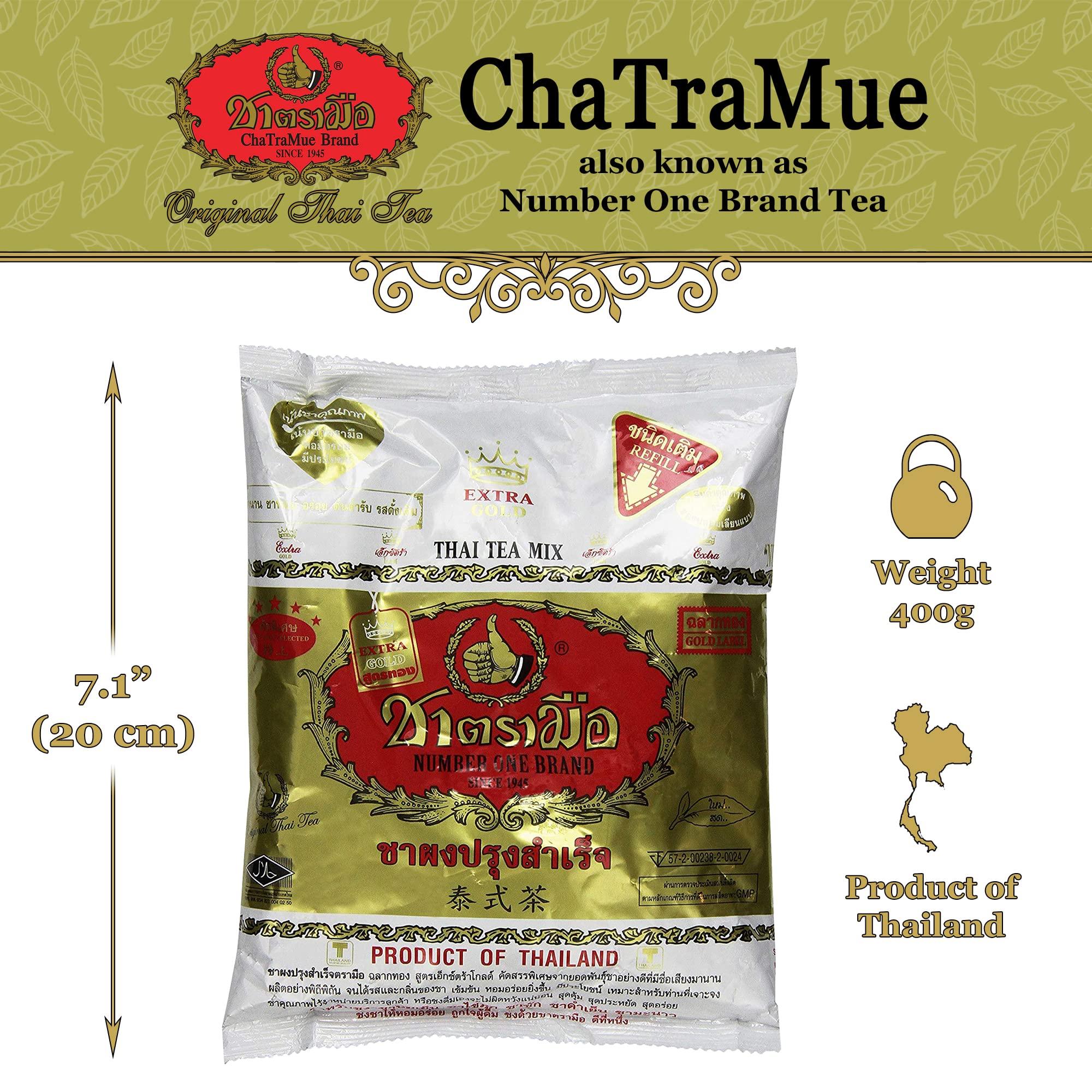 CHA TRA MUE BRAND NUMBER ONE BRAND SINCE 1945 Number One Extra Gold Premium Thai Tea Mix Fine Loose Leaves for Iced Tea, Milk Tea or Boba Tea, Traditional Brand from Thailand with Stronger, Bolder Taste than Regular Thai Tea (14 oz Bag)
